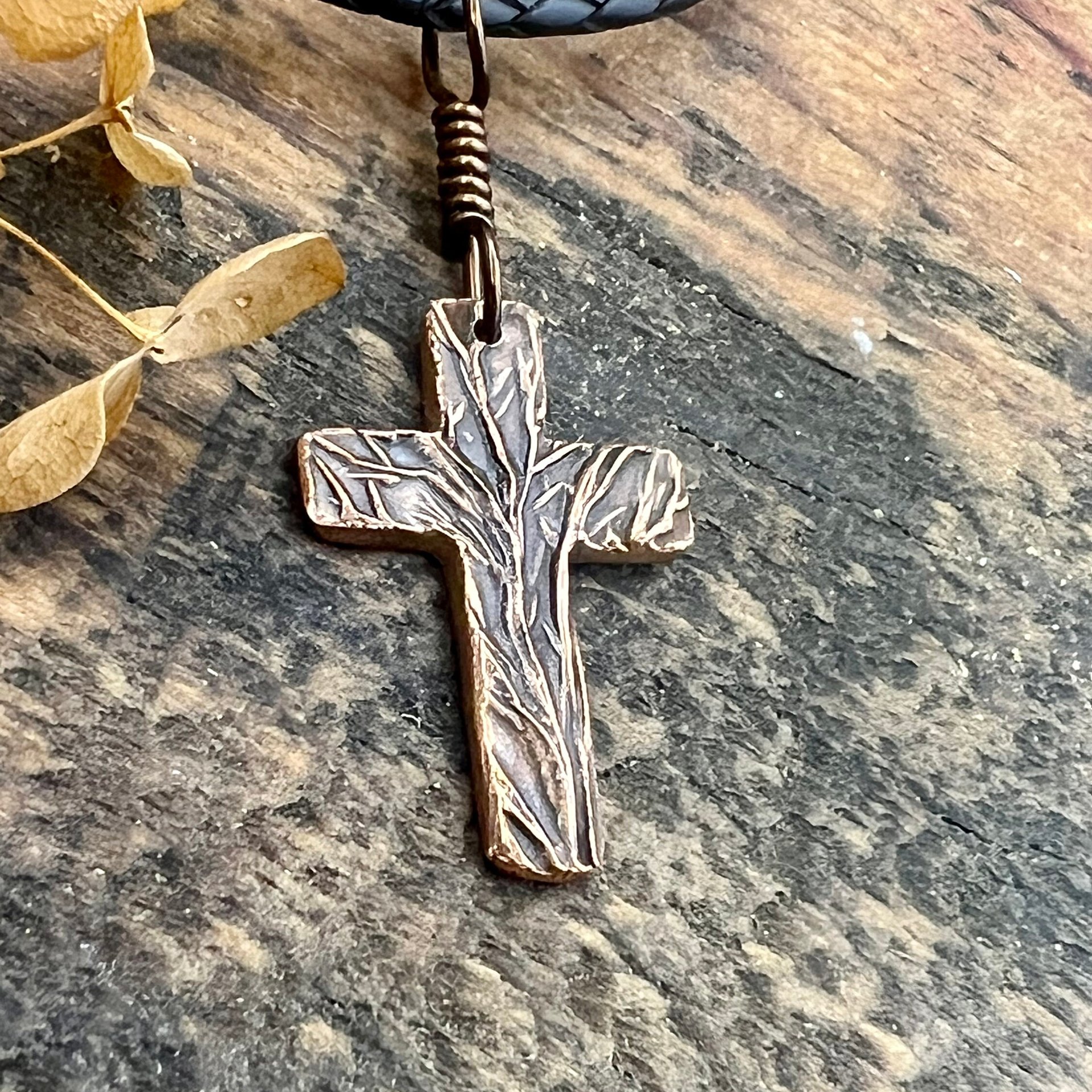 Tree Cross Charm, Copper Pendant, Tree Branches, Irish Celtic, Leather & Vegan Cords, Handmade Art Jewelry, Tree of Life, Men's Cross