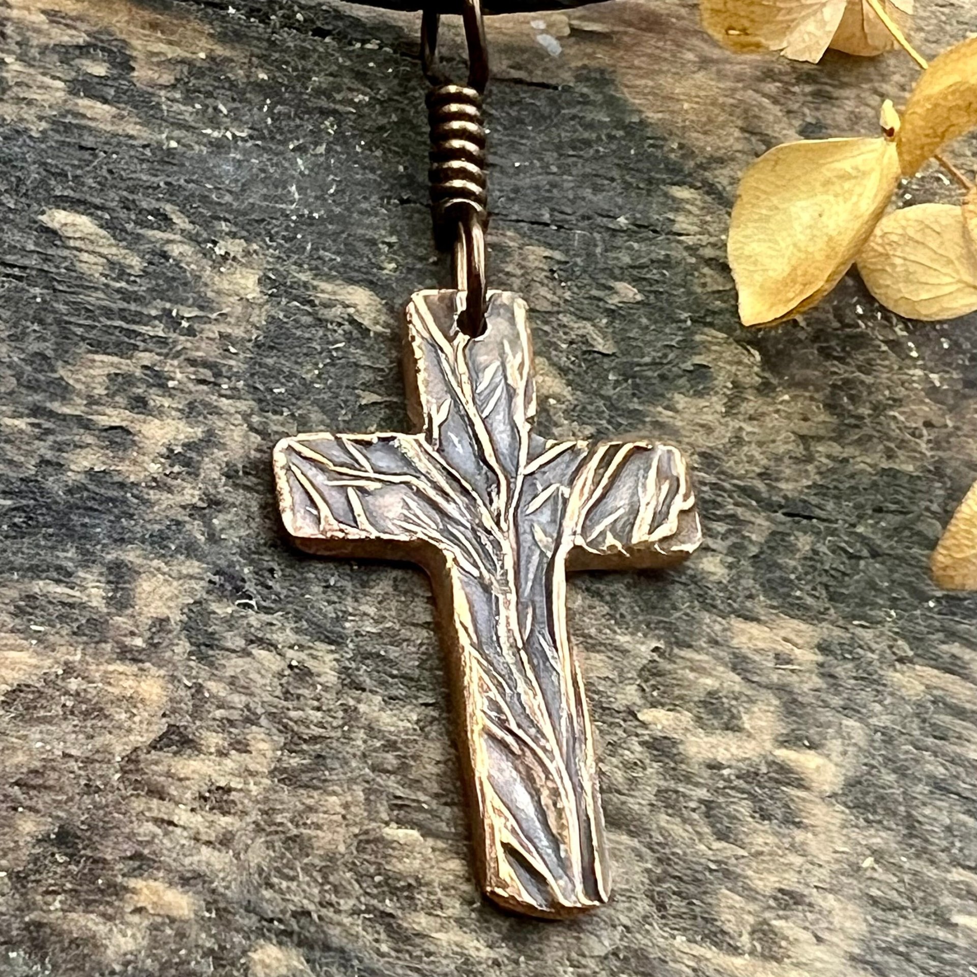 Tree Cross Charm, Copper Pendant, Tree Branches, Irish Celtic, Leather & Vegan Cords, Handmade Art Jewelry, Tree of Life, Men's Cross