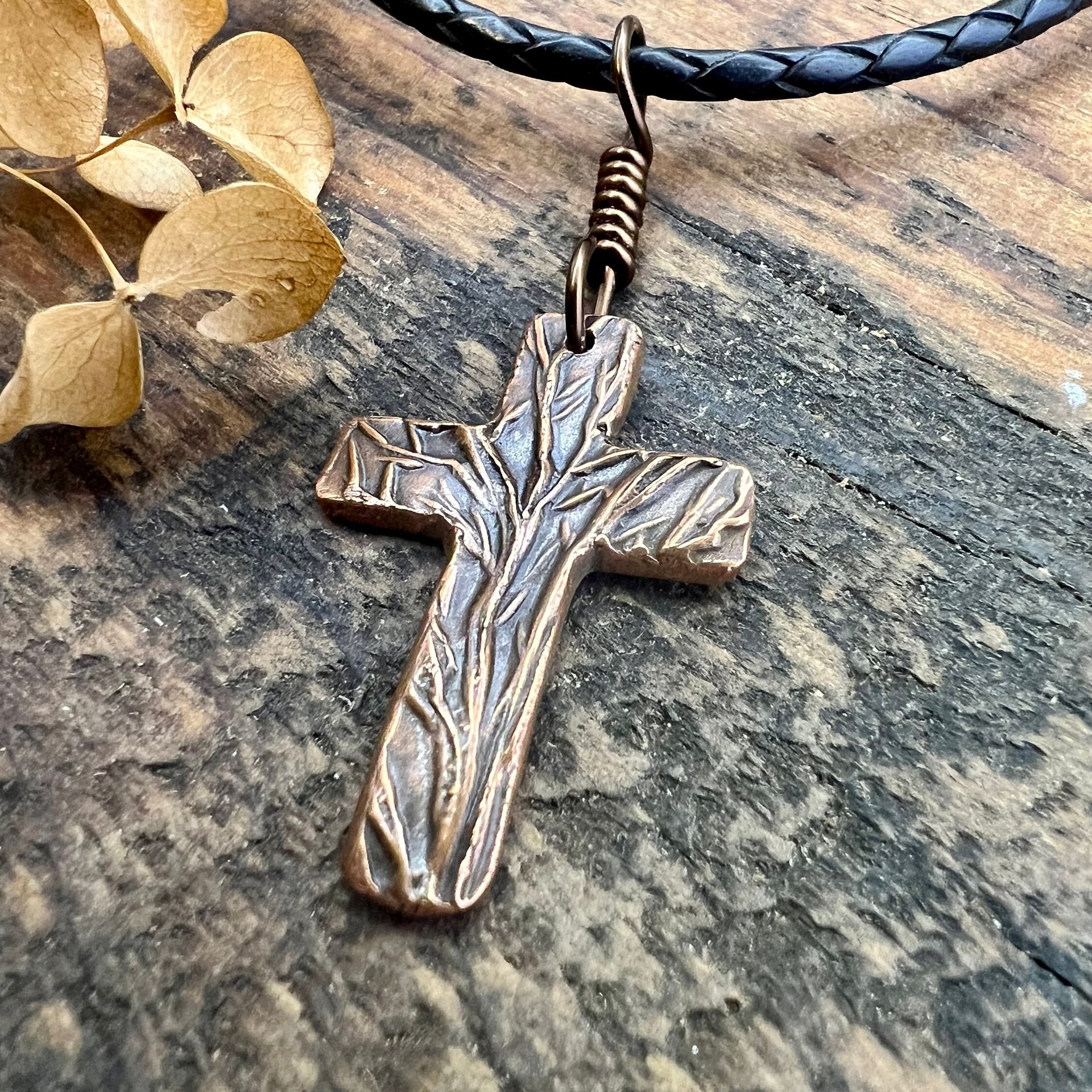 Tree Cross Charm, Copper Pendant, Tree Branches, Irish Celtic, Leather & Vegan Cords, Handmade Art Jewelry, Tree of Life, Men's Cross