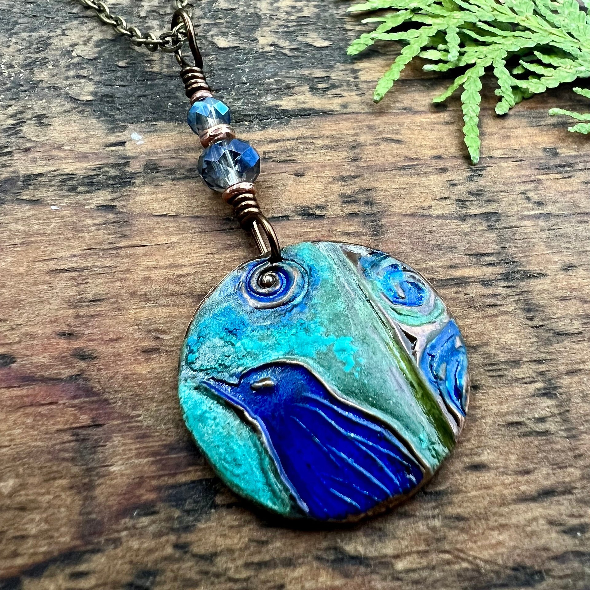 Copper Raven Pendant, Colorful Patina, Czech Glass Beads, Hand Carved, Irish Celtic Spirals, Celtic Witch Goddess, Crow Corvid Birds, Earthy