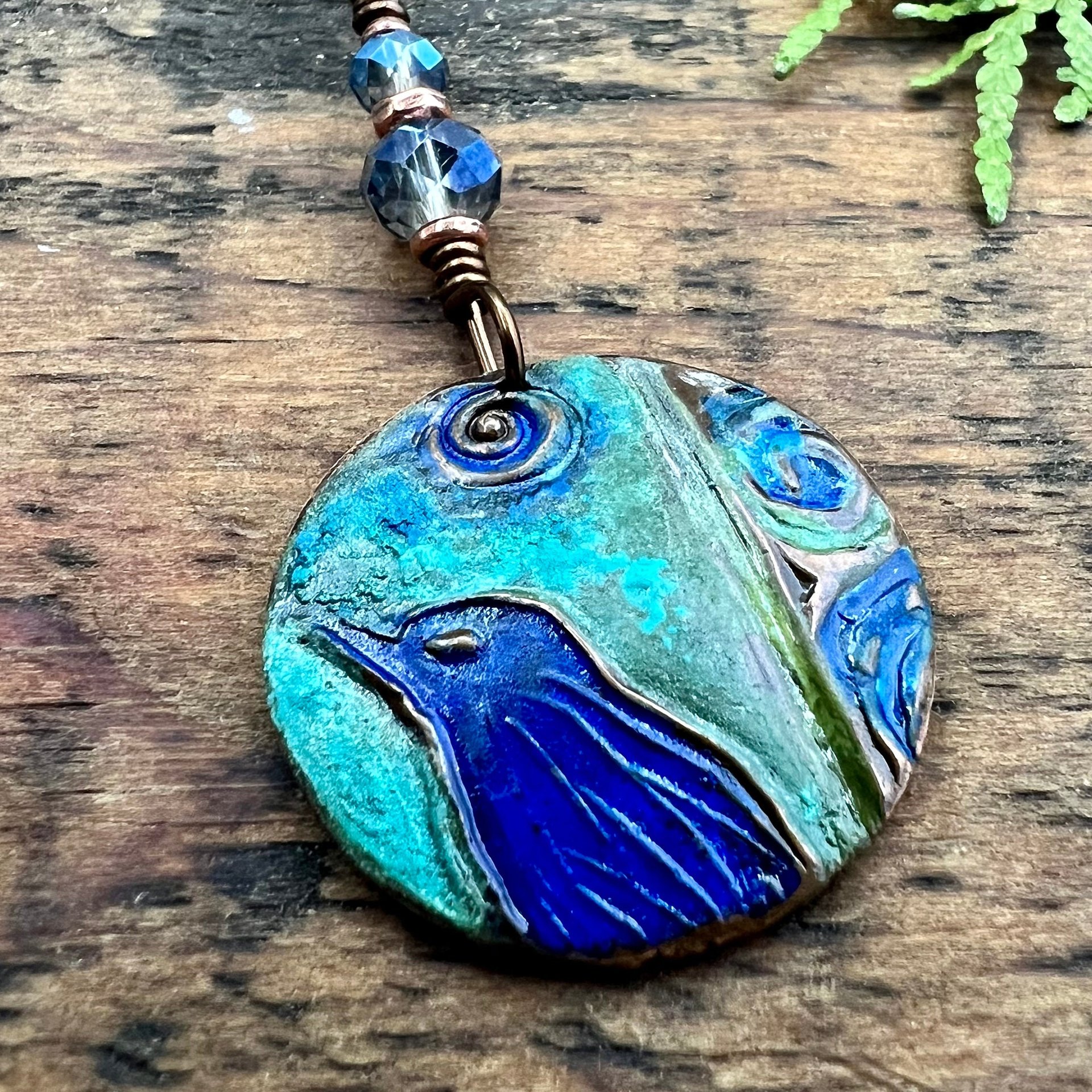 Copper Raven Pendant, Colorful Patina, Czech Glass Beads, Hand Carved, Irish Celtic Spirals, Celtic Witch Goddess, Crow Corvid Birds, Earthy