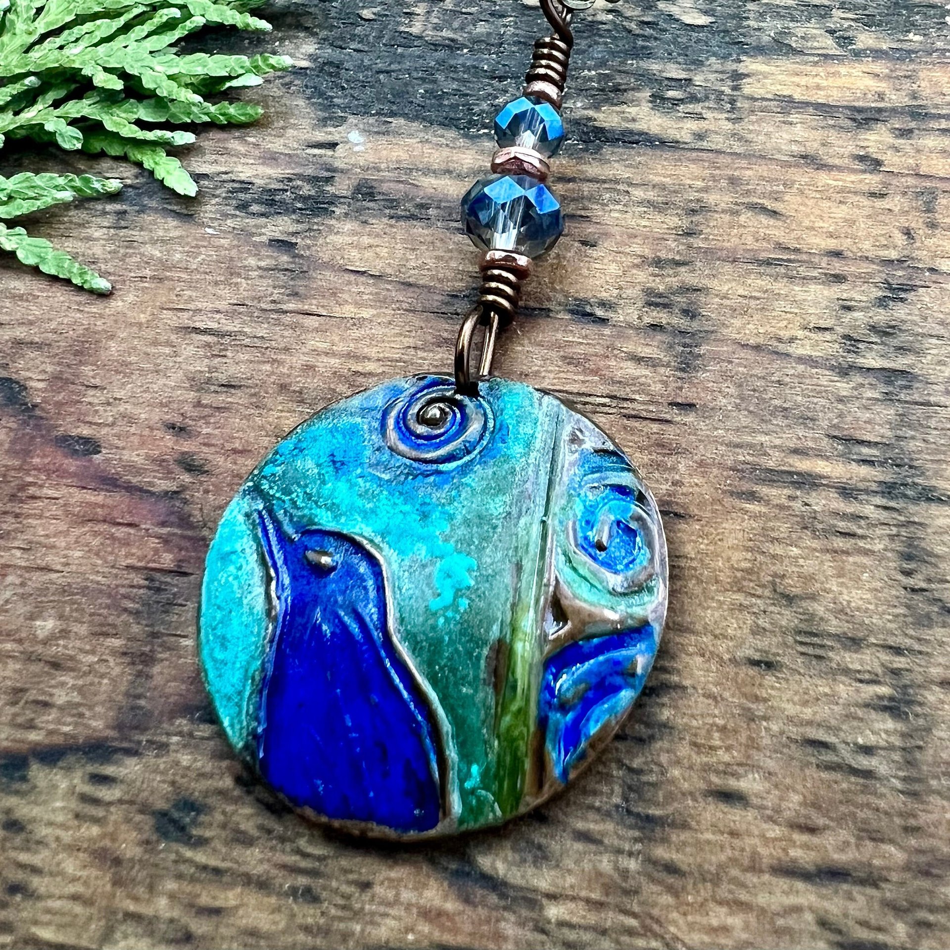 Copper Raven Pendant, Colorful Patina, Czech Glass Beads, Hand Carved, Irish Celtic Spirals, Celtic Witch Goddess, Crow Corvid Birds, Earthy