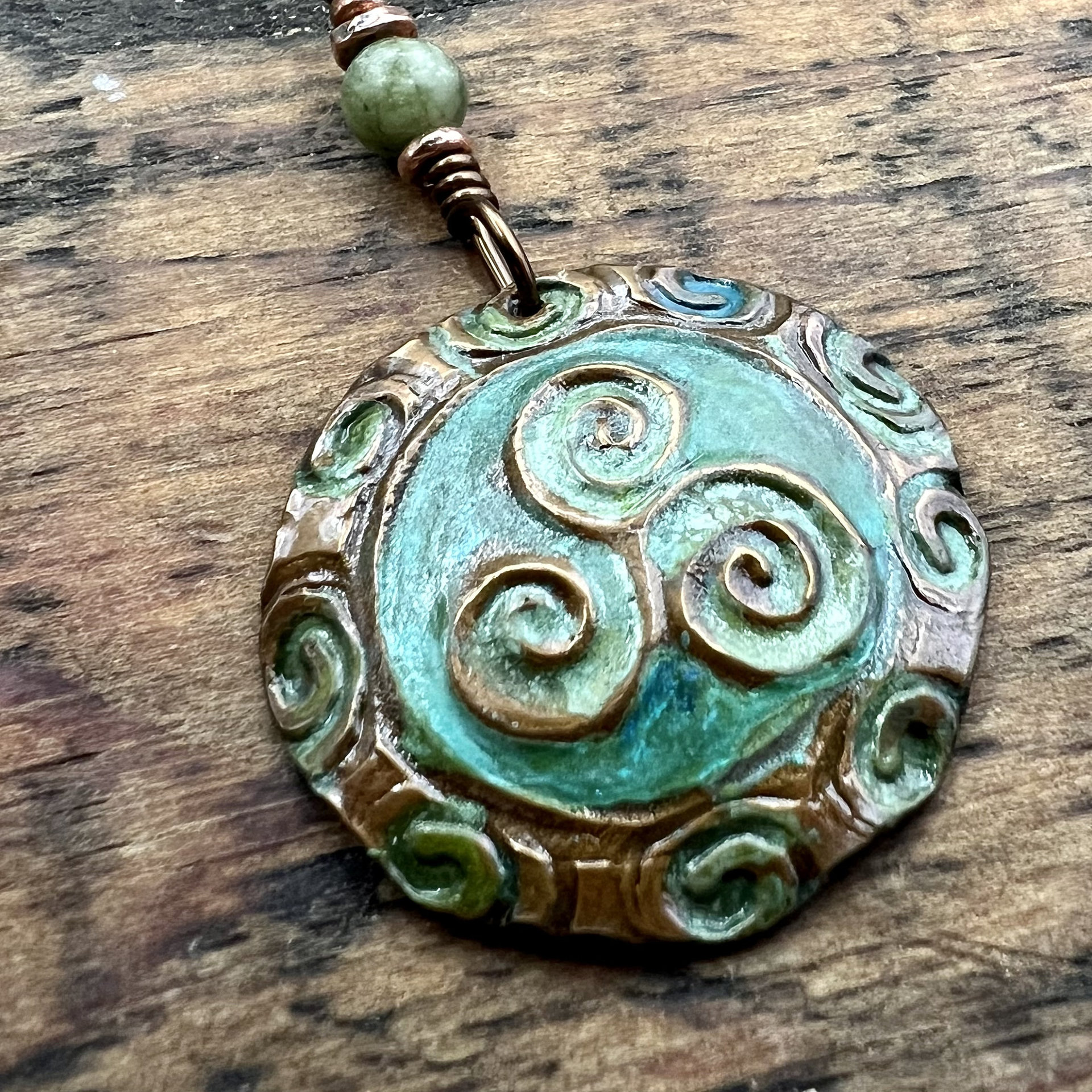 Triskele Copper Pendant, Verdigris Patina, Hand Carved, Connemara Marble, Triskelion Triple Spiral, Irish Celtic Pagan, Newgrange Ireland