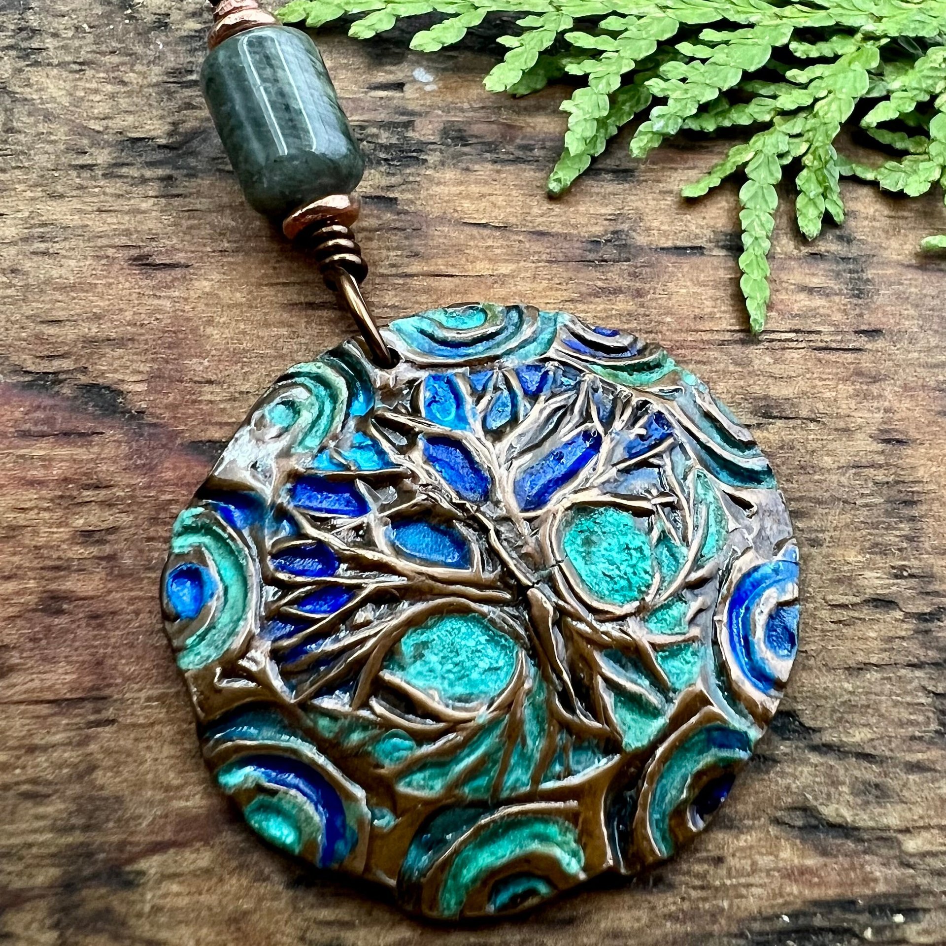 Tree of Life Pendant, Copper Colorful Patina, Connemara Marble, Hand Carved, Irish Celtic Spirals, Celtic Witch Goddess, Ancient Earthy Art