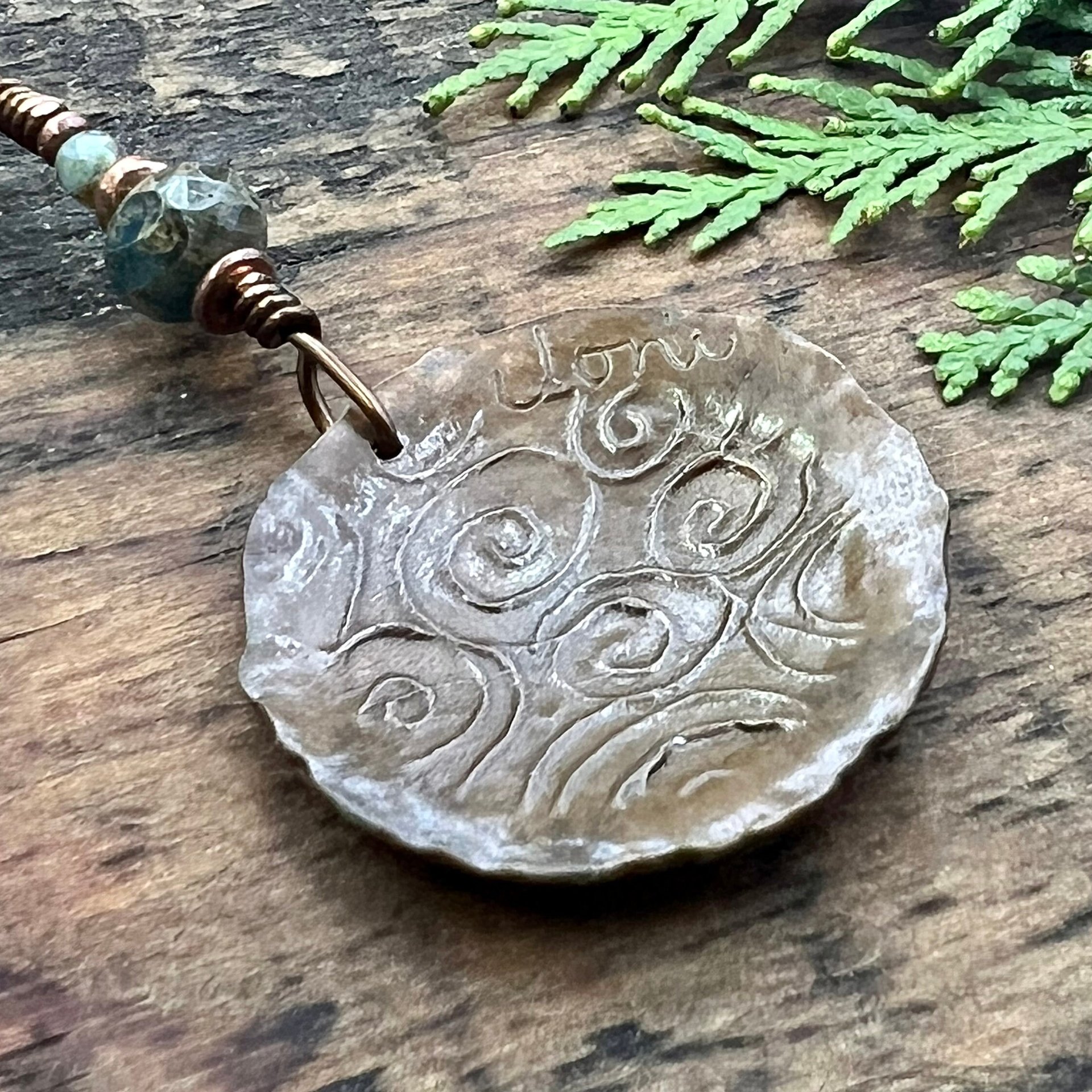 Celtic Sun Spiral Necklace, Copper Patina Pendant, Czech Glass Bead, Irish Celtic Spirals, Colorful Sun, Blue Green, Pagan Celtic Witch Gift