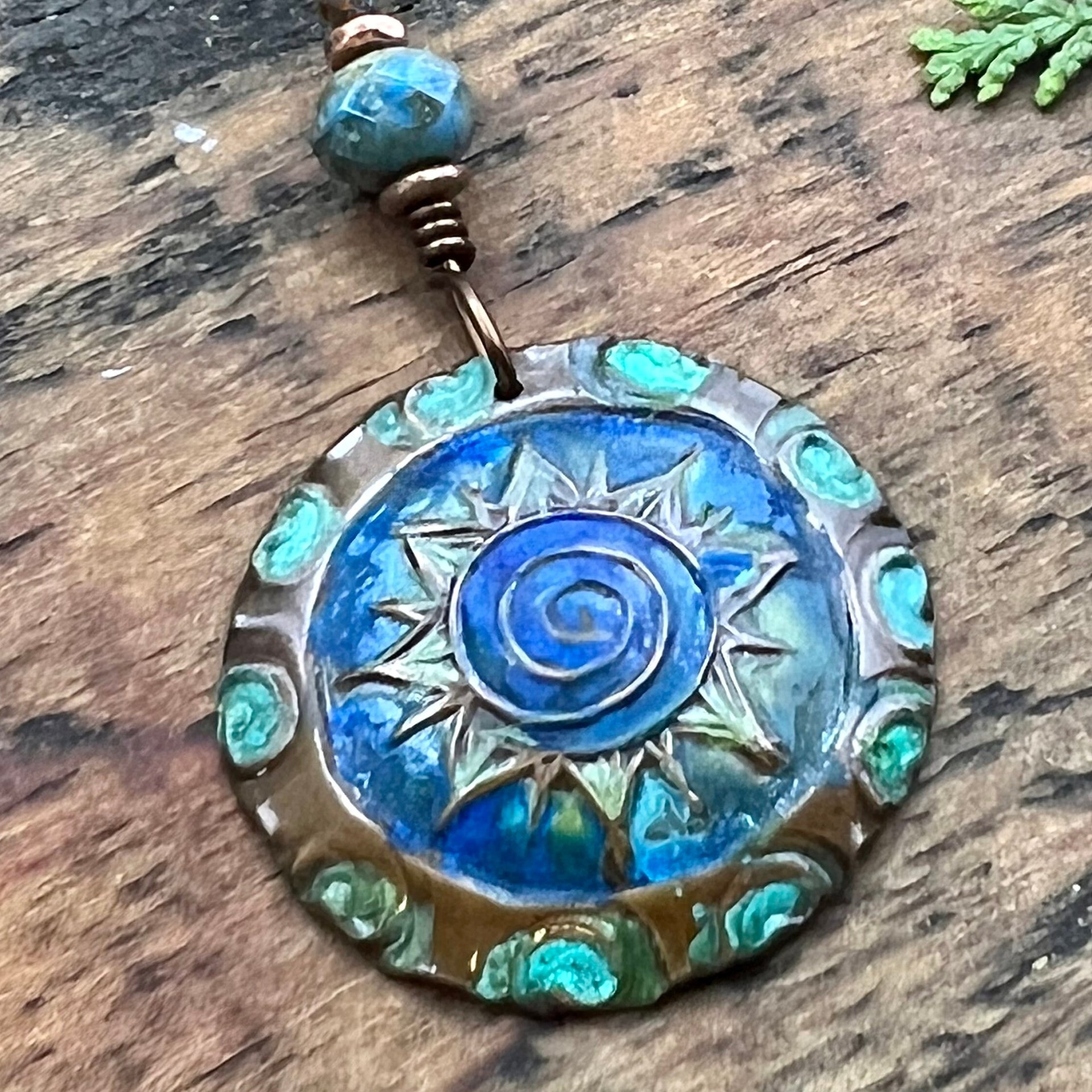 Celtic Sun Spiral Necklace, Copper Patina Pendant, Czech Glass Bead, Irish Celtic Spirals, Colorful Sun, Blue Green, Pagan Celtic Witch Gift