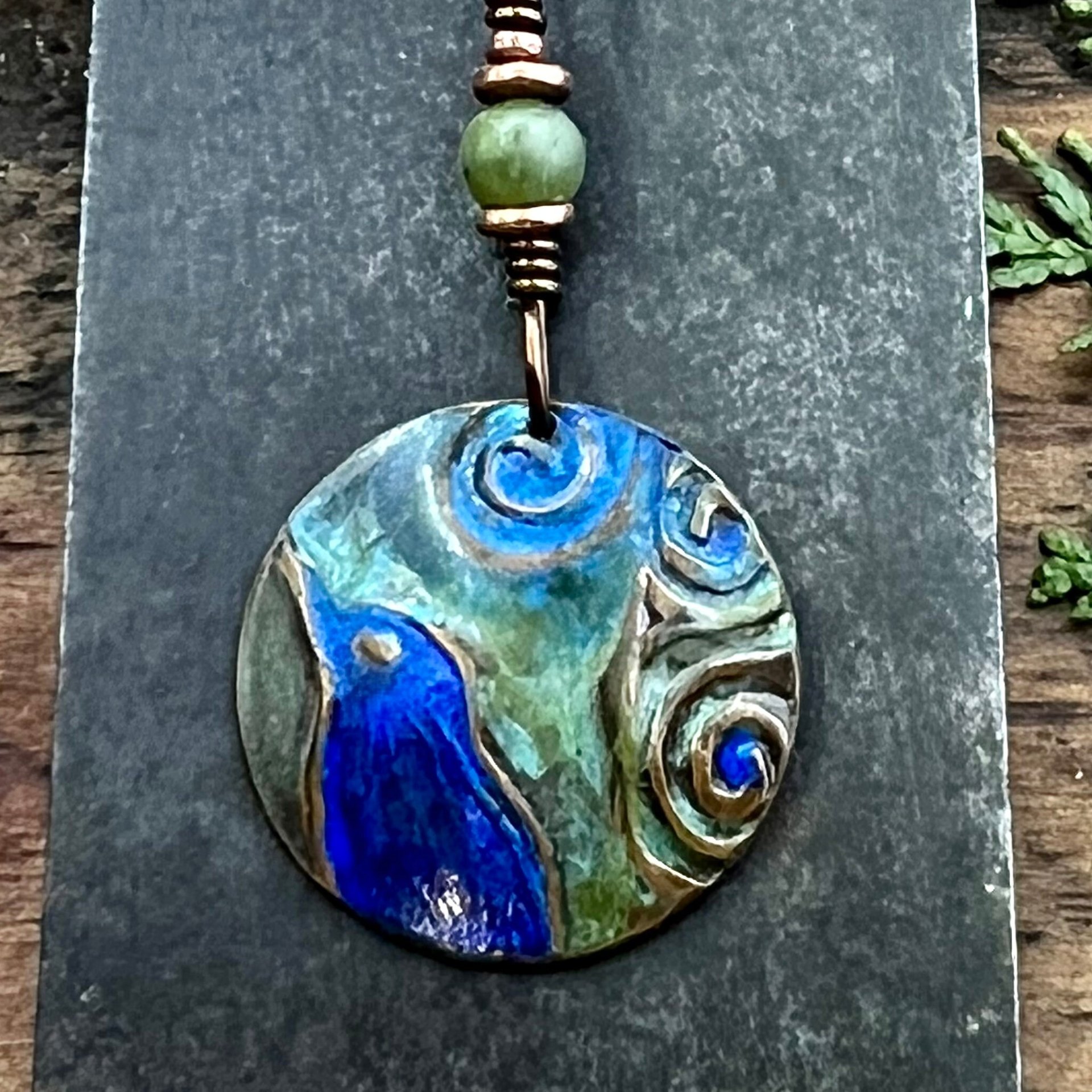 Copper Raven Pendant, Colorful Patina, Connemara Marble, Hand Carved, Irish Celtic Spirals, Celtic Witch Goddess, Crow Corvid Birds, Earthy