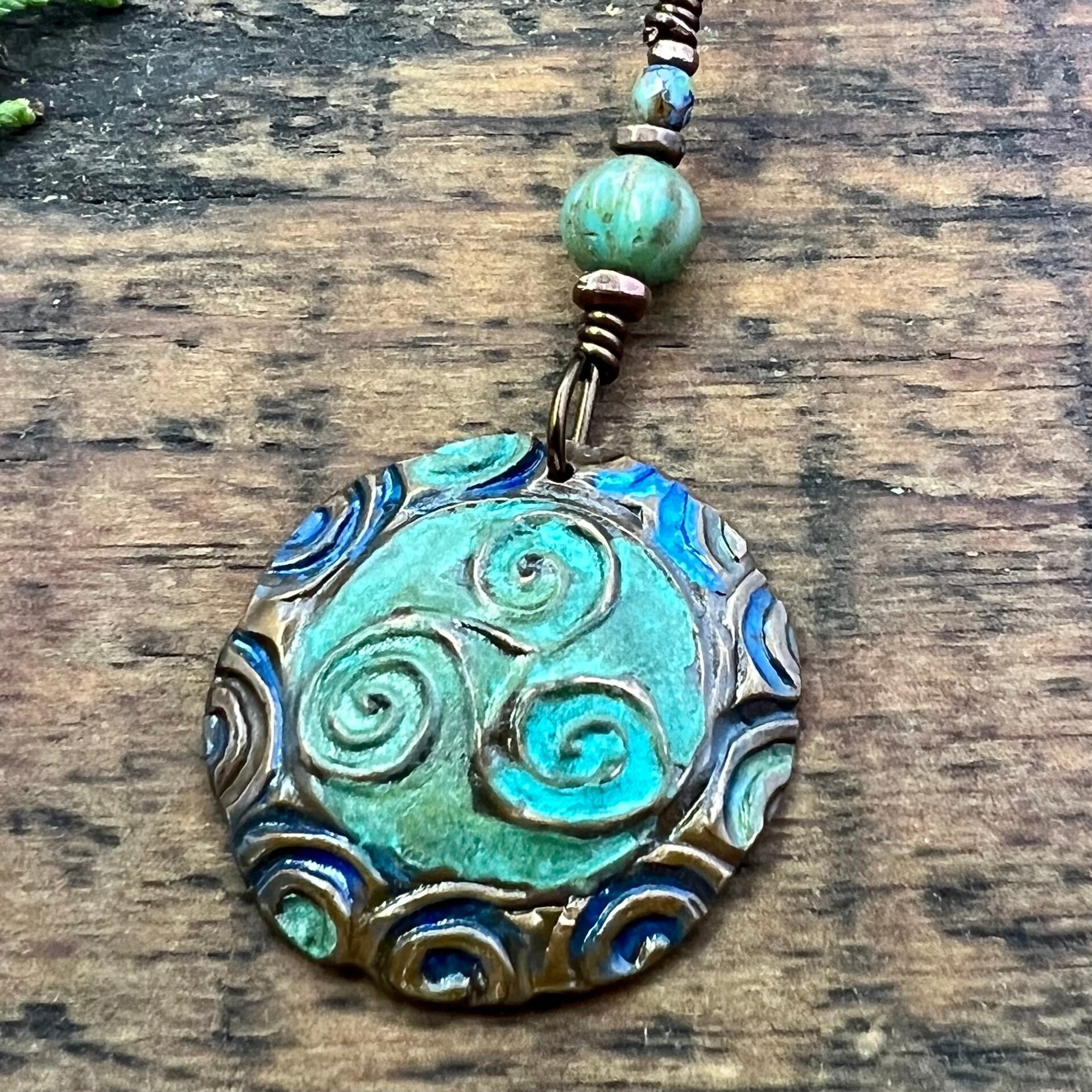 Triskele Copper Pendant, Verdigris Patina, Hand Carved, Connemara Marble, Triskelion Triple Spiral, Irish Celtic Pagan, Newgrange Ireland