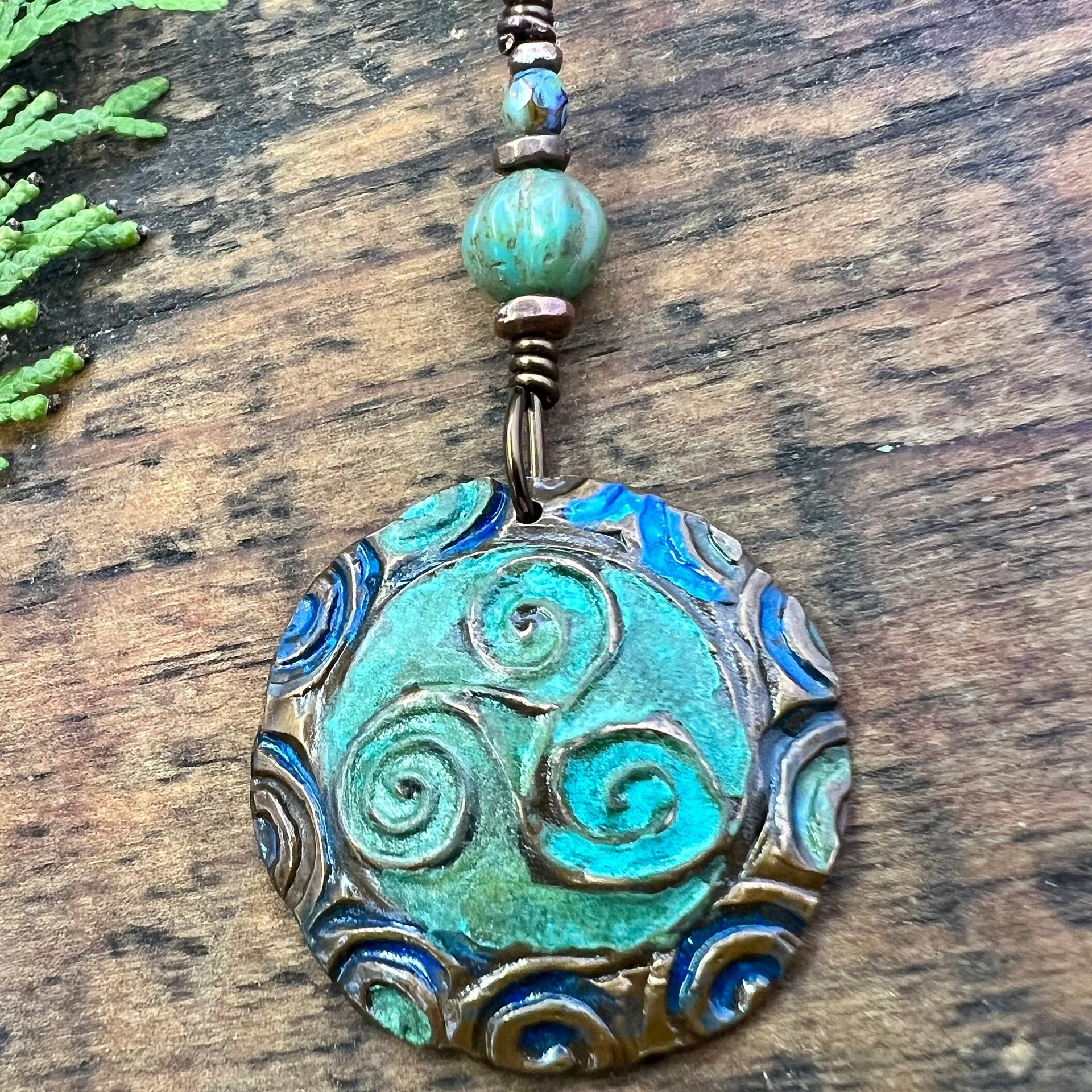 Triskele Copper Pendant, Verdigris Patina, Hand Carved, Connemara Marble, Triskelion Triple Spiral, Irish Celtic Pagan, Newgrange Ireland