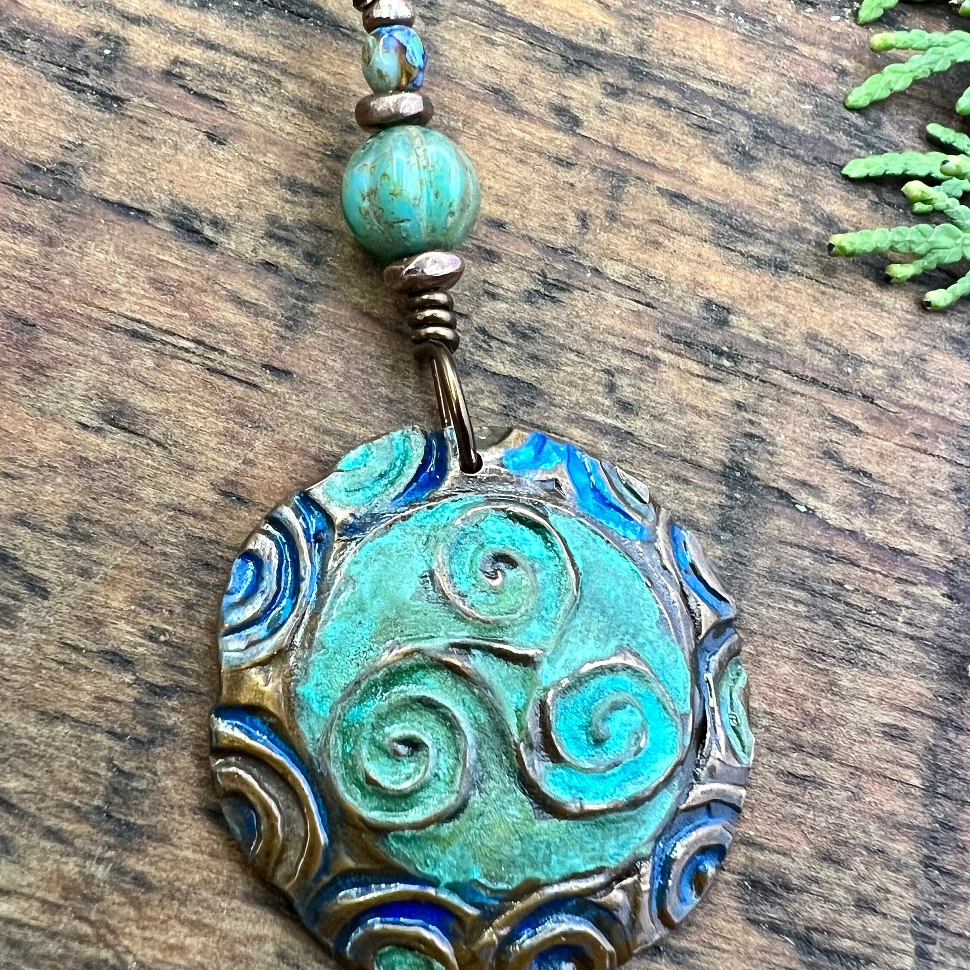 Triskele Copper Pendant, Verdigris Patina, Hand Carved, Connemara Marble, Triskelion Triple Spiral, Irish Celtic Pagan, Newgrange Ireland