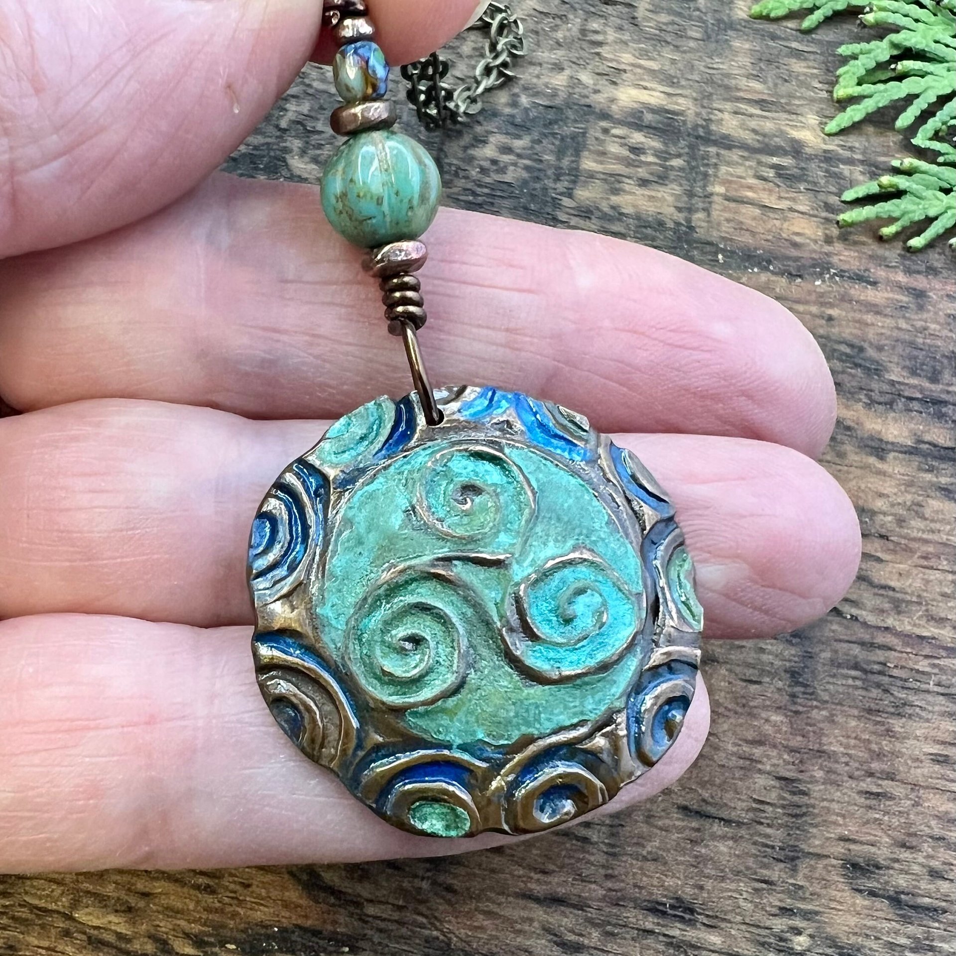 Triskele Copper Pendant, Verdigris Patina, Hand Carved, Connemara Marble, Triskelion Triple Spiral, Irish Celtic Pagan, Newgrange Ireland