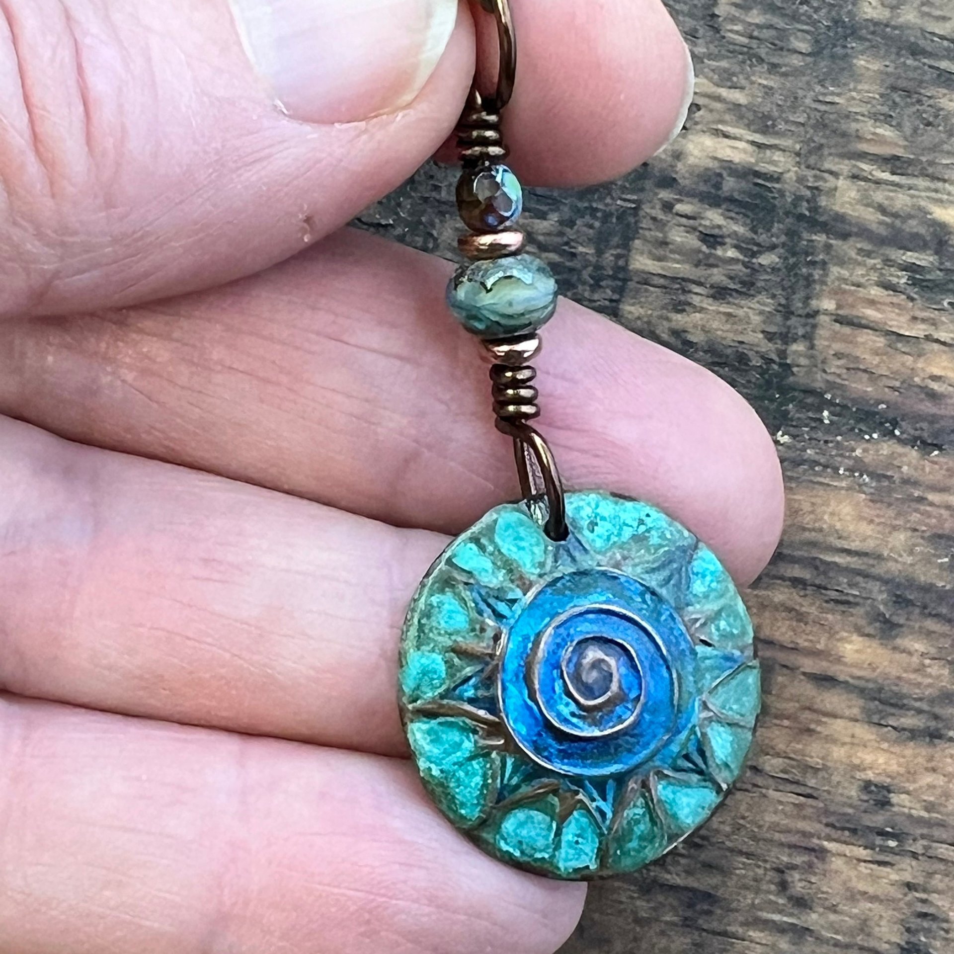 Celtic Sun Spiral Necklace, Copper Patina Pendant, Czech Glass Bead, Irish Celtic Spirals, Colorful Sun, Blue Green, Pagan Celtic Witch Gift