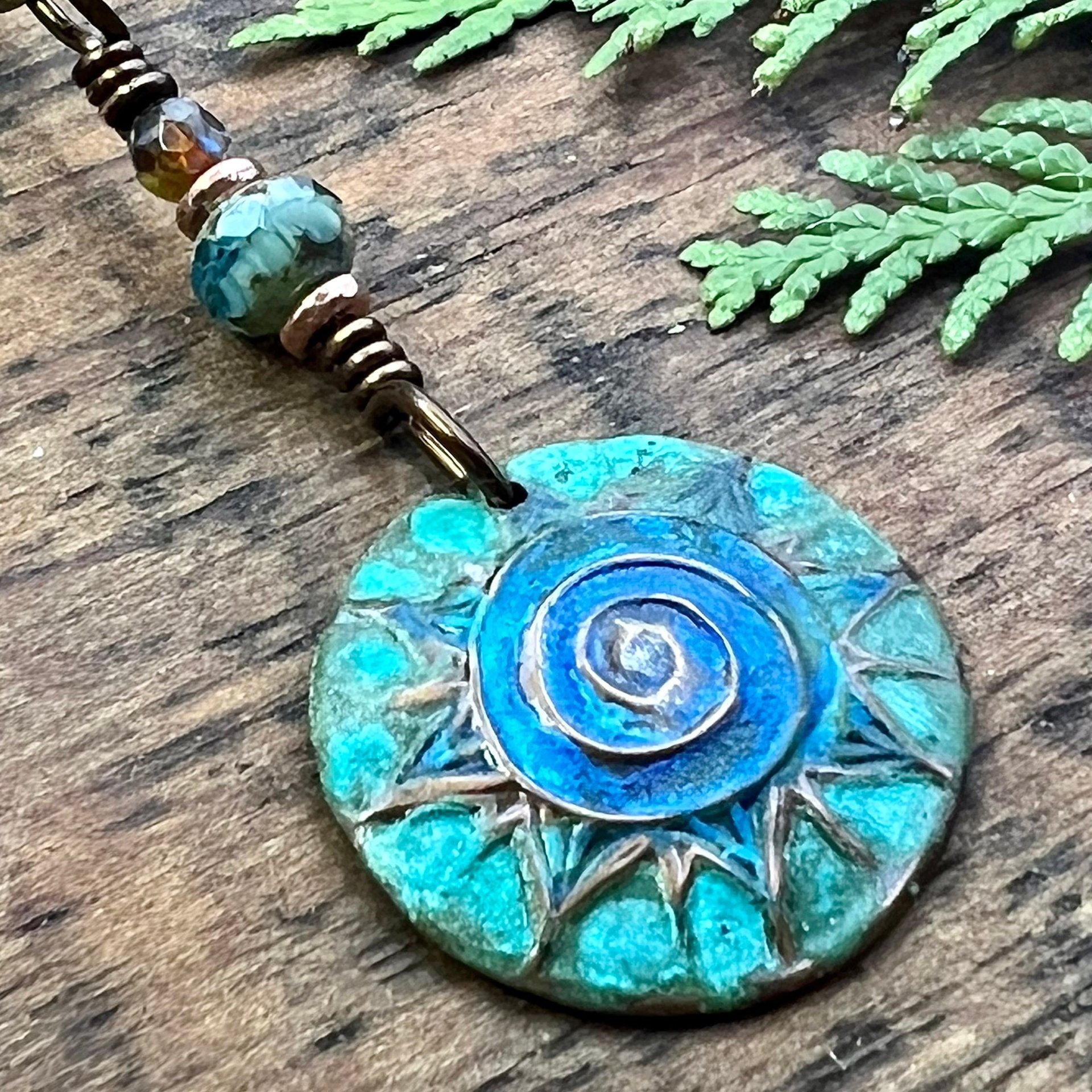 Celtic Sun Spiral Necklace, Copper Patina Pendant, Czech Glass Bead, Irish Celtic Spirals, Colorful Sun, Blue Green, Pagan Celtic Witch Gift