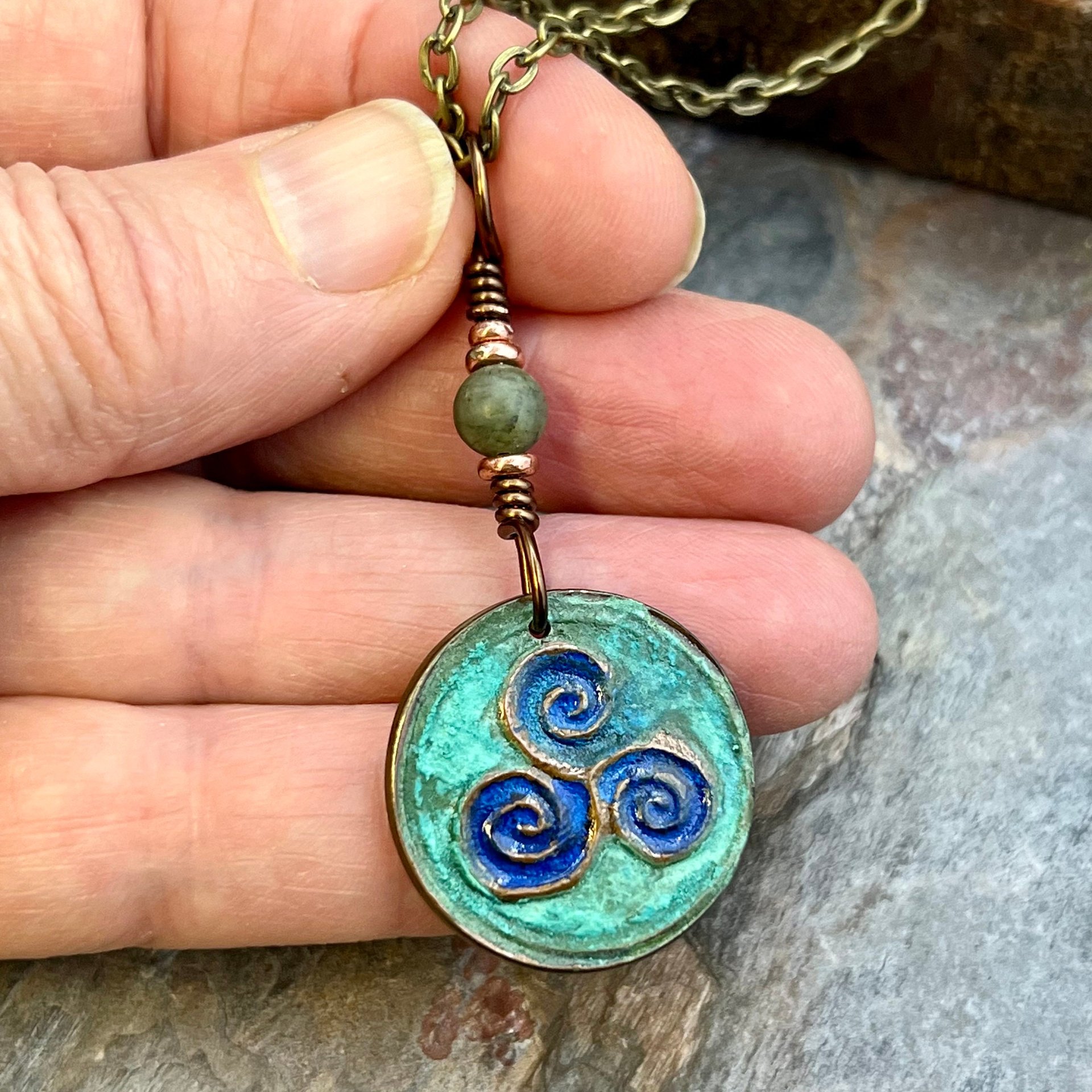 Triskele Copper Pendant, Verdigris Patina, Hand Carved, Connemara Marble, Triskelion Triple Spiral, Irish Celtic Pagan, Newgrange Ireland