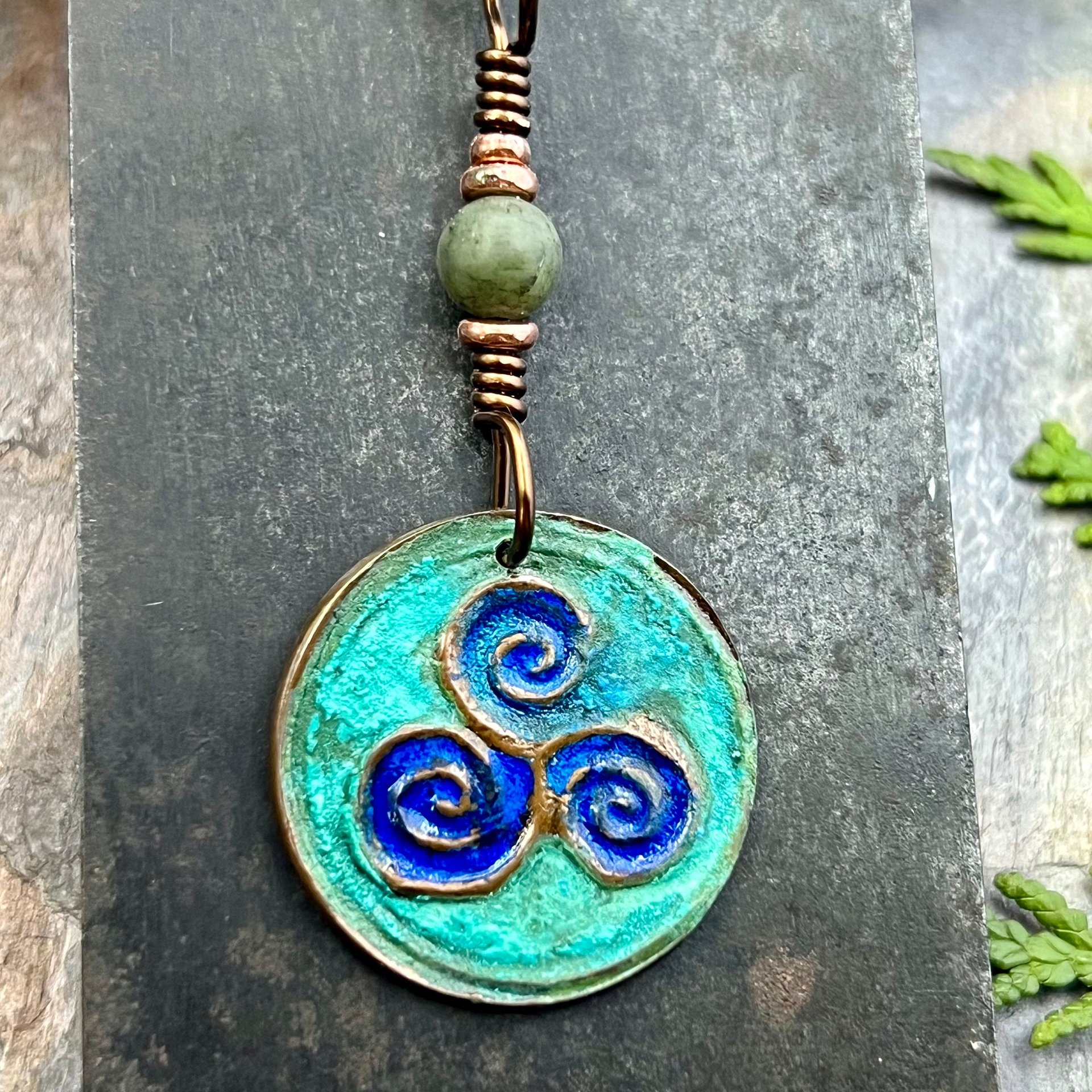 Triskele Copper Pendant, Verdigris Patina, Hand Carved, Connemara Marble, Triskelion Triple Spiral, Irish Celtic Pagan, Newgrange Ireland