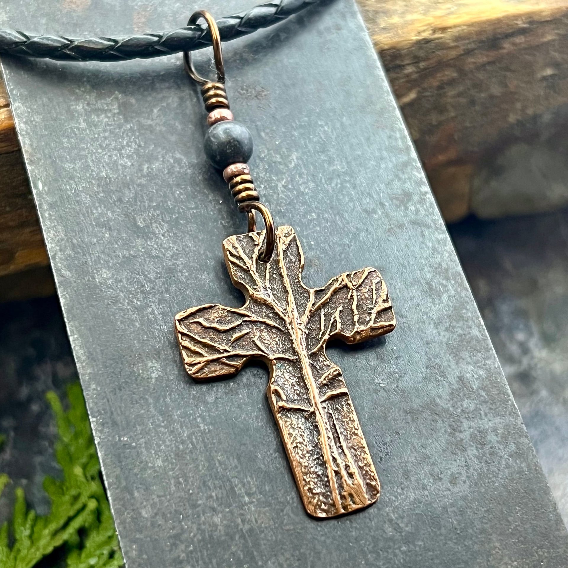 Tree Cross Charm, Copper Pendant, Tree Branches, Kilkenny Black Marble, Irish Celtic, Leather & Vegan Cords, Art Jewelry, Tree of Life Druid