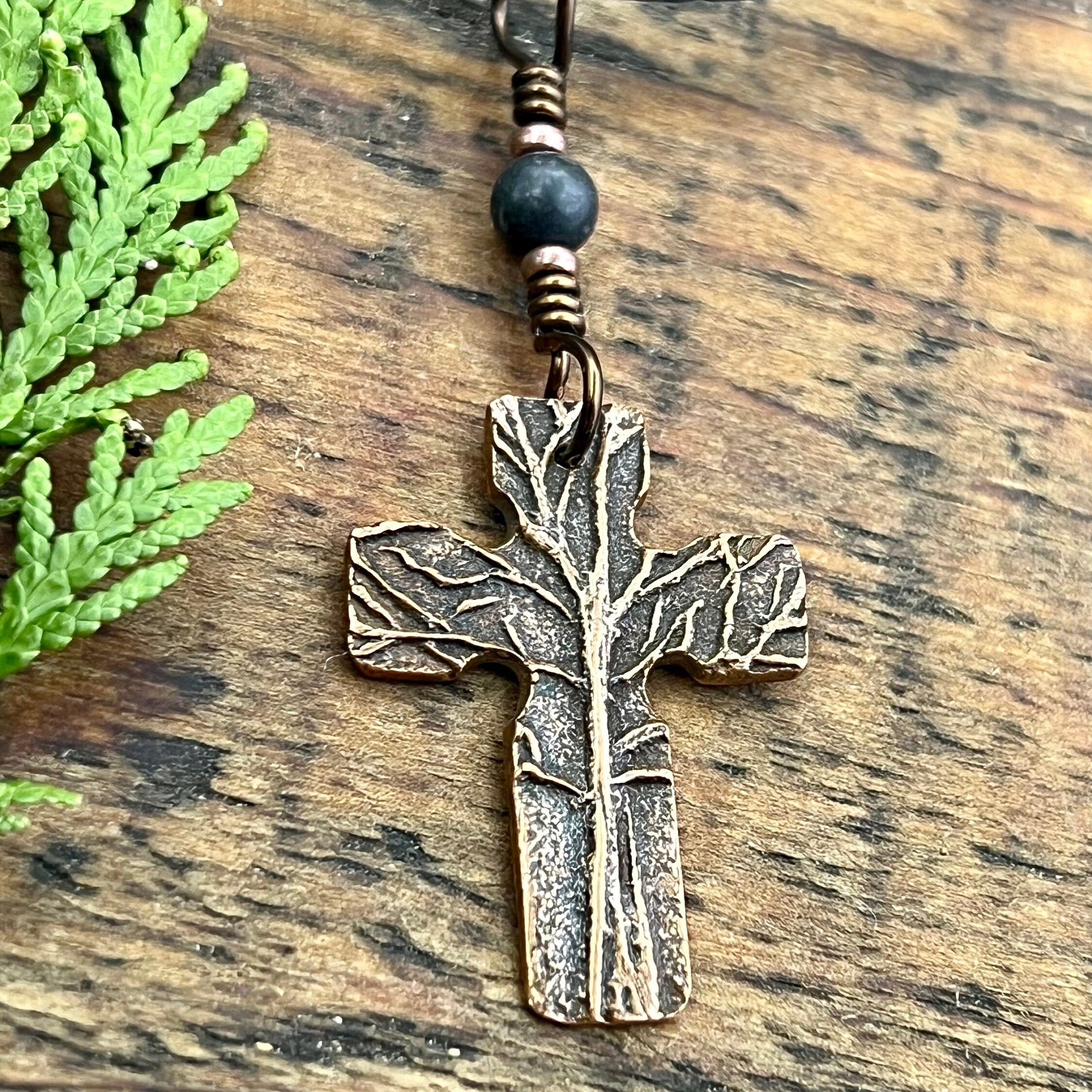 Tree Cross Charm, Copper Pendant, Tree Branches, Kilkenny Black Marble, Irish Celtic, Leather & Vegan Cords, Art Jewelry, Tree of Life Druid