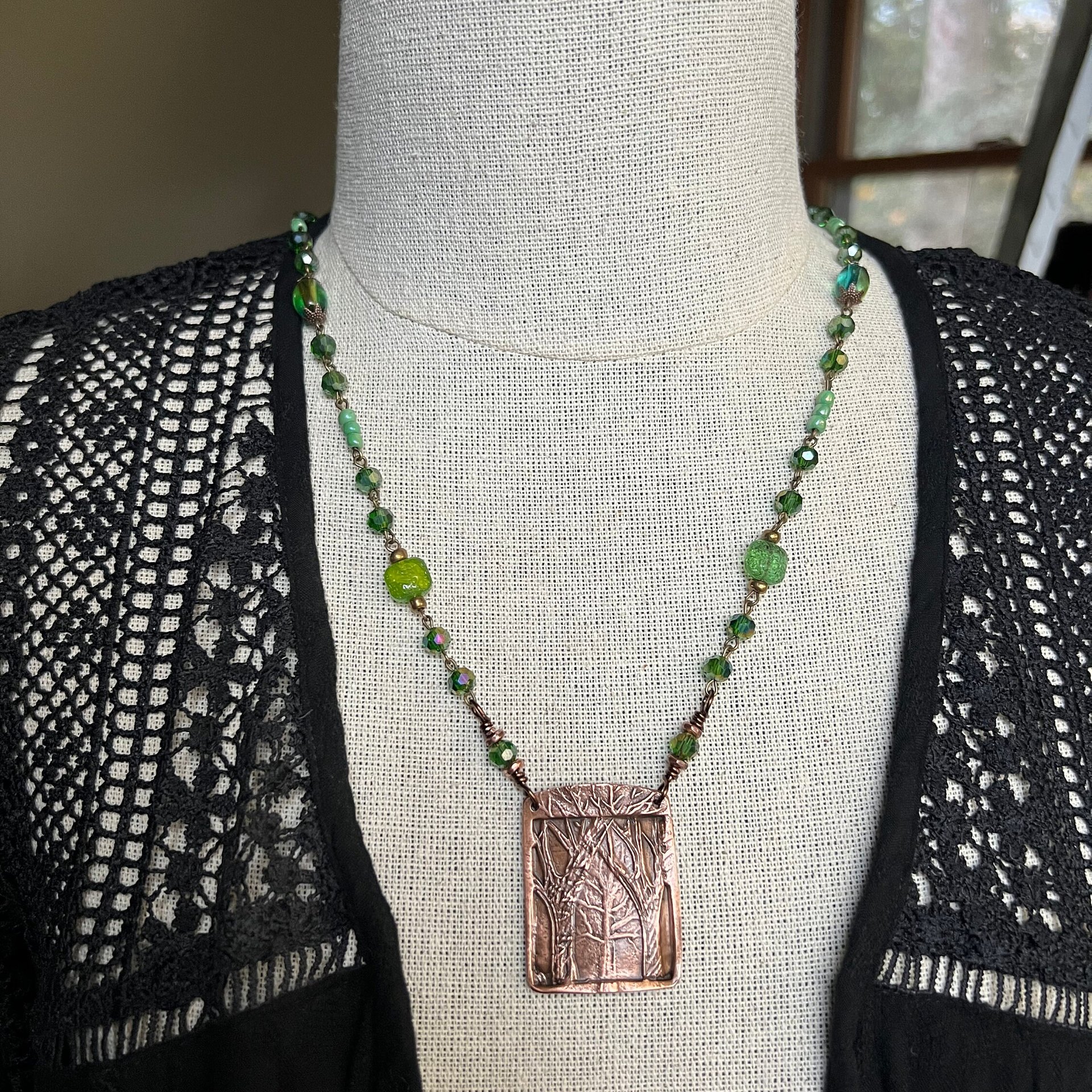 Into The Woods, Copper Tree Necklace, Green Crystal Beads, Rosary Style Beads, Celtic Green Witch, Forest Woodland Jewelry, Pagan Druid Gift