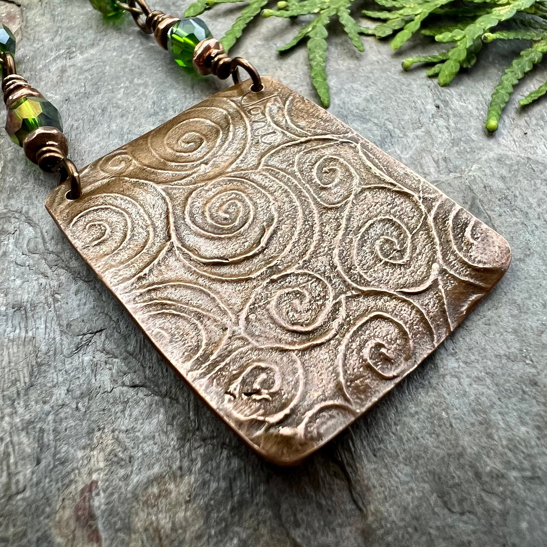Into The Woods, Copper Tree Necklace, Green Crystal Beads, Rosary Style Beads, Celtic Green Witch, Forest Woodland Jewelry, Pagan Druid Gift