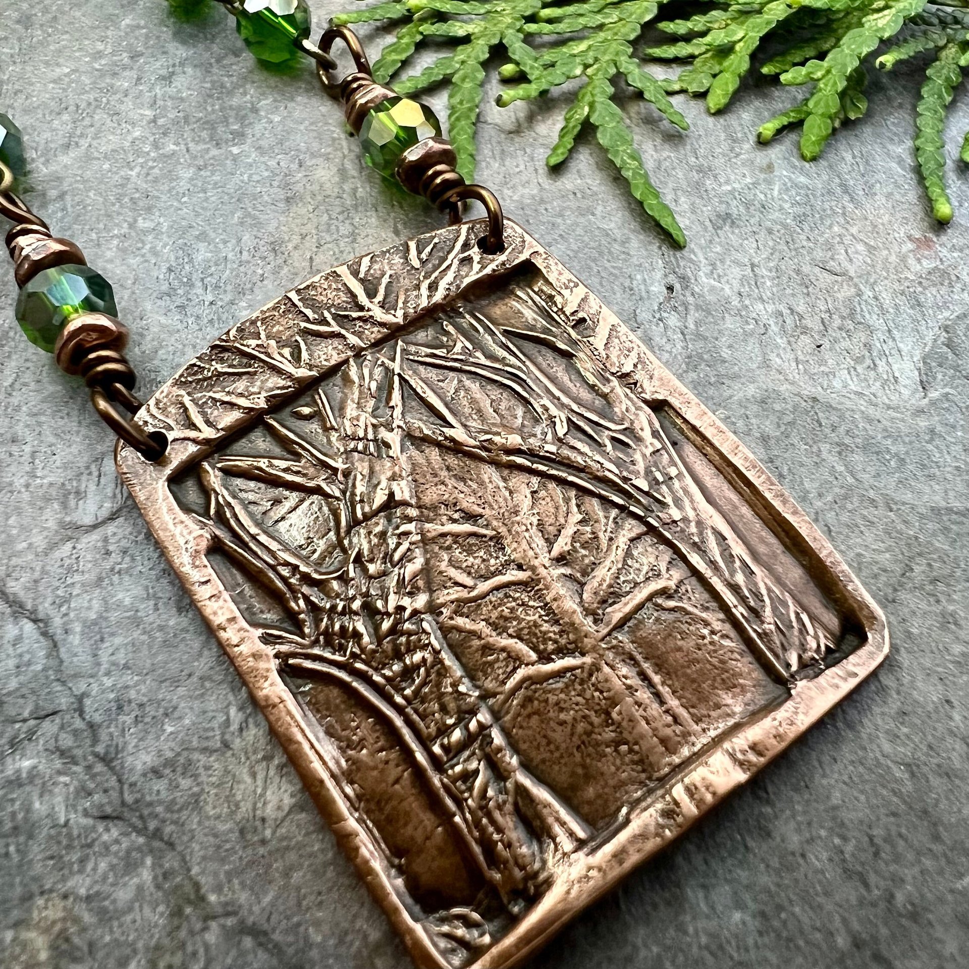 Into The Woods, Copper Tree Necklace, Green Crystal Beads, Rosary Style Beads, Celtic Green Witch, Forest Woodland Jewelry, Pagan Druid Gift
