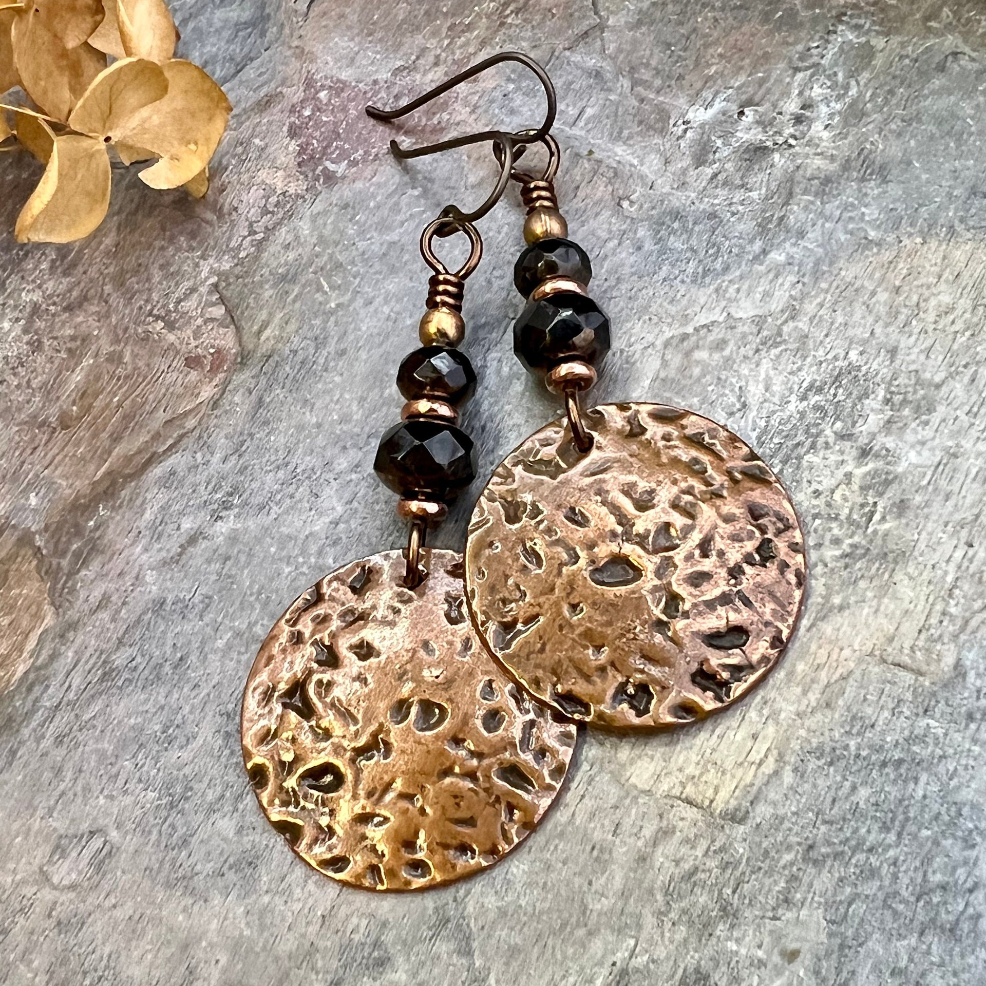 Copper Disc Earrings, Czech Glass Beads, Hypoallergenic Ear Wires, Earthy Tribal, Boho Chic Style, Large Dangle Discs, Handmade Metal Art