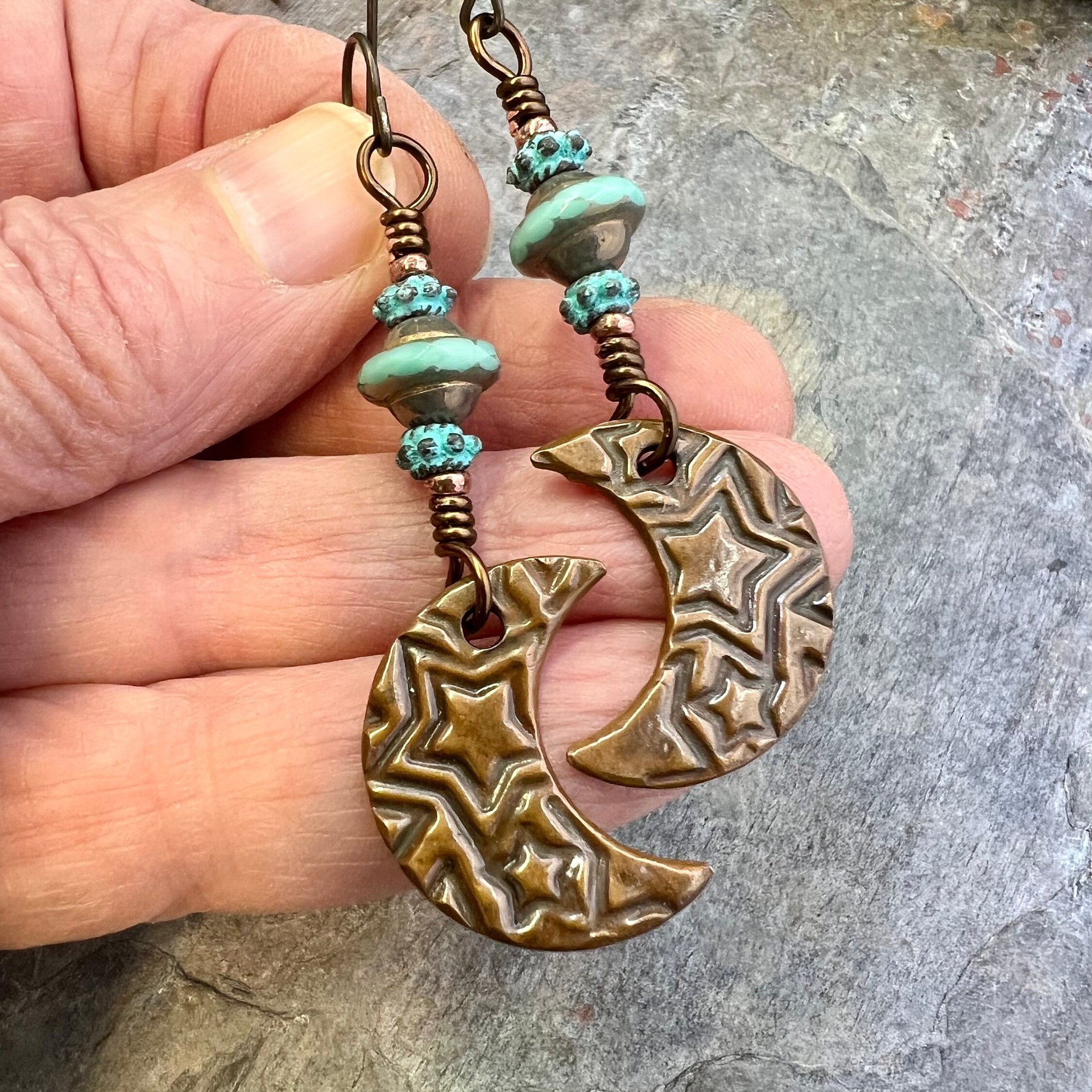 Crescent Moon Earrings, Copper Moon, Celestial Jewelry, Celtic Spirals, Witch Earrings, Pagan Spiritual, Crystal Beads, Moon Goddess