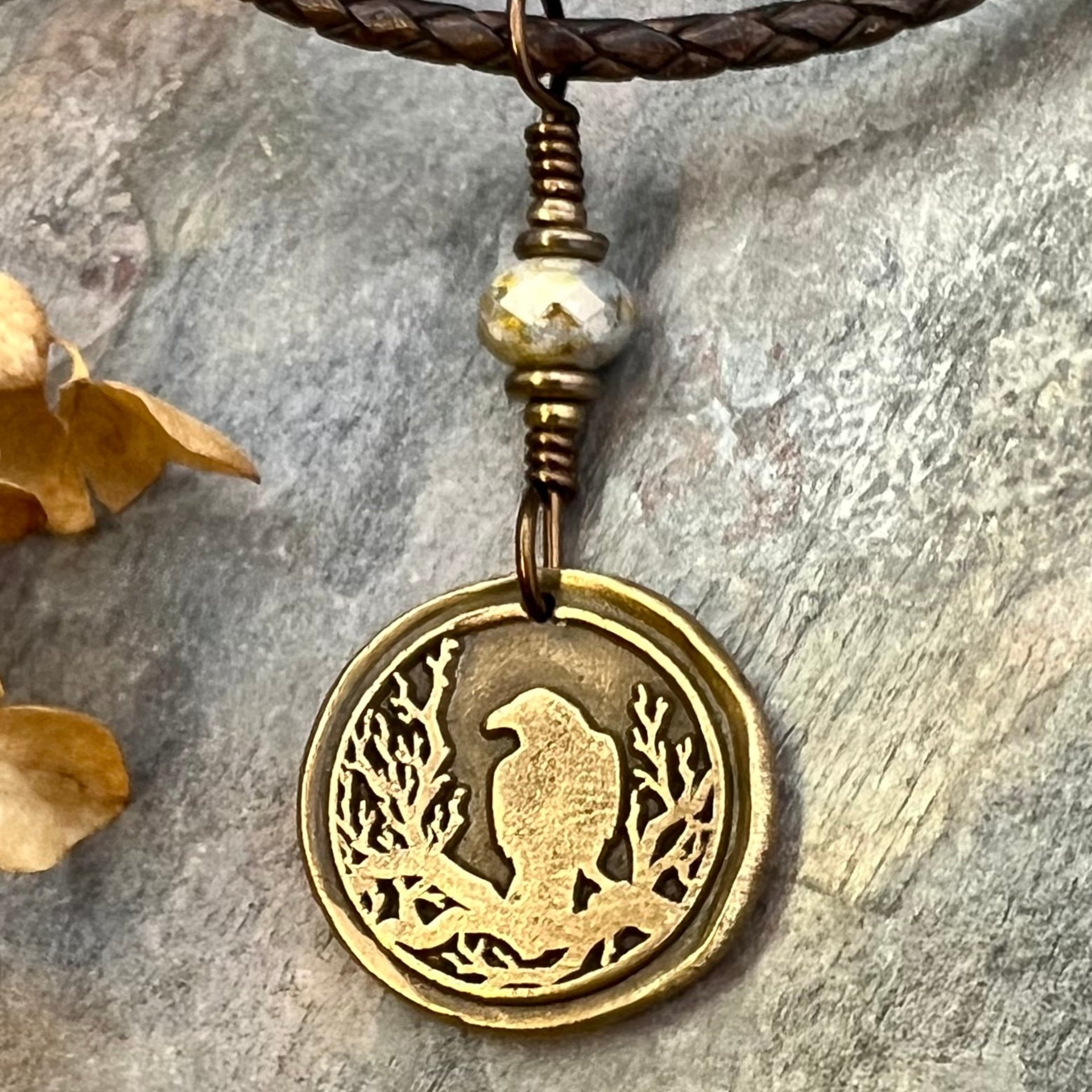 Raven Bronze Pendant, Wax Seal Charm, Czech Glass Bead, Crow Corvid, Tree Branches, Pagan Samhain, Celtic Witch Jewelry, Earthy Rustic