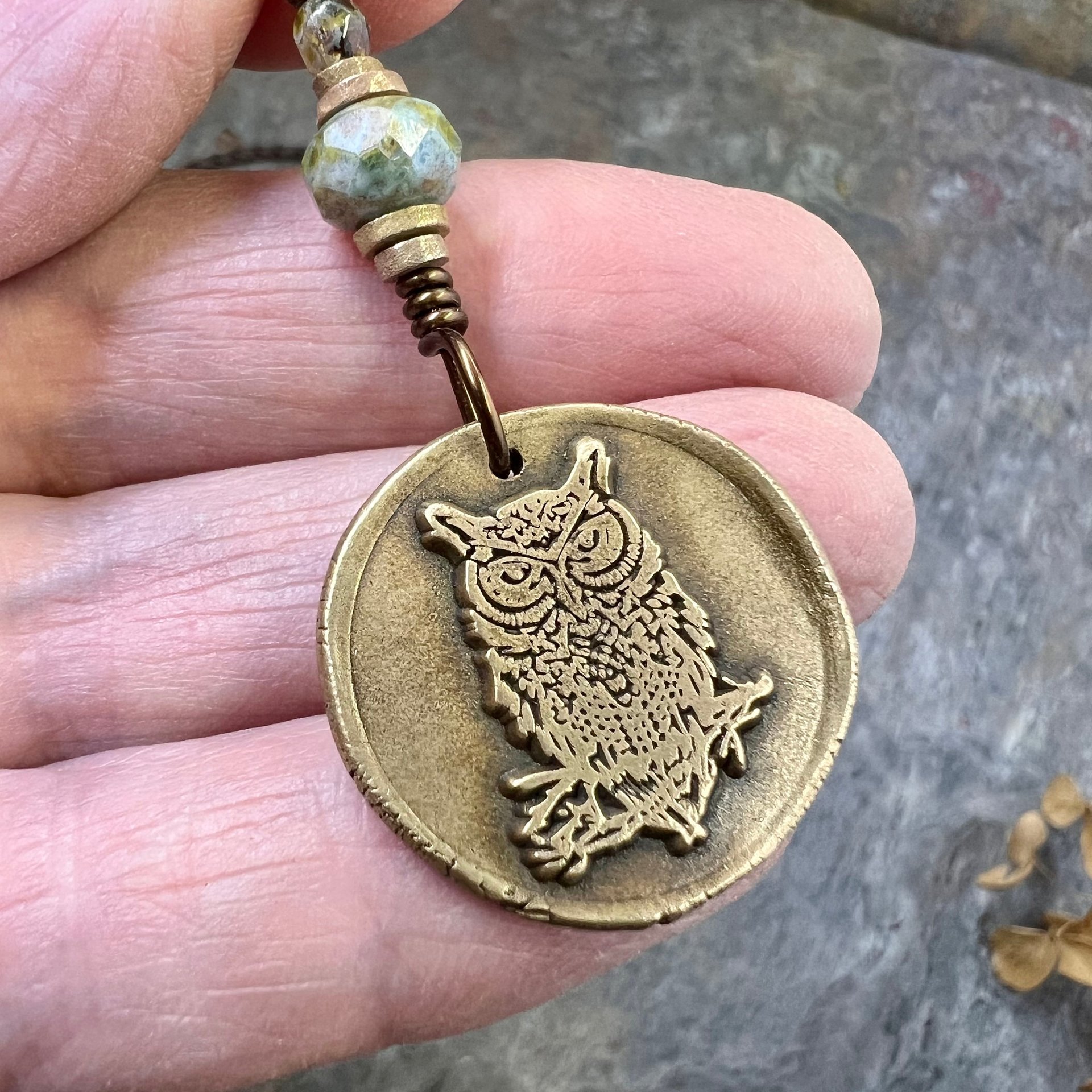 Owl Bronze Pendant, Wax Seal Charm, Czech Glass Bead, Magical Wise, Tree Branches, Pagan Samhain, Celtic Witch Jewelry, Earthy Rustic