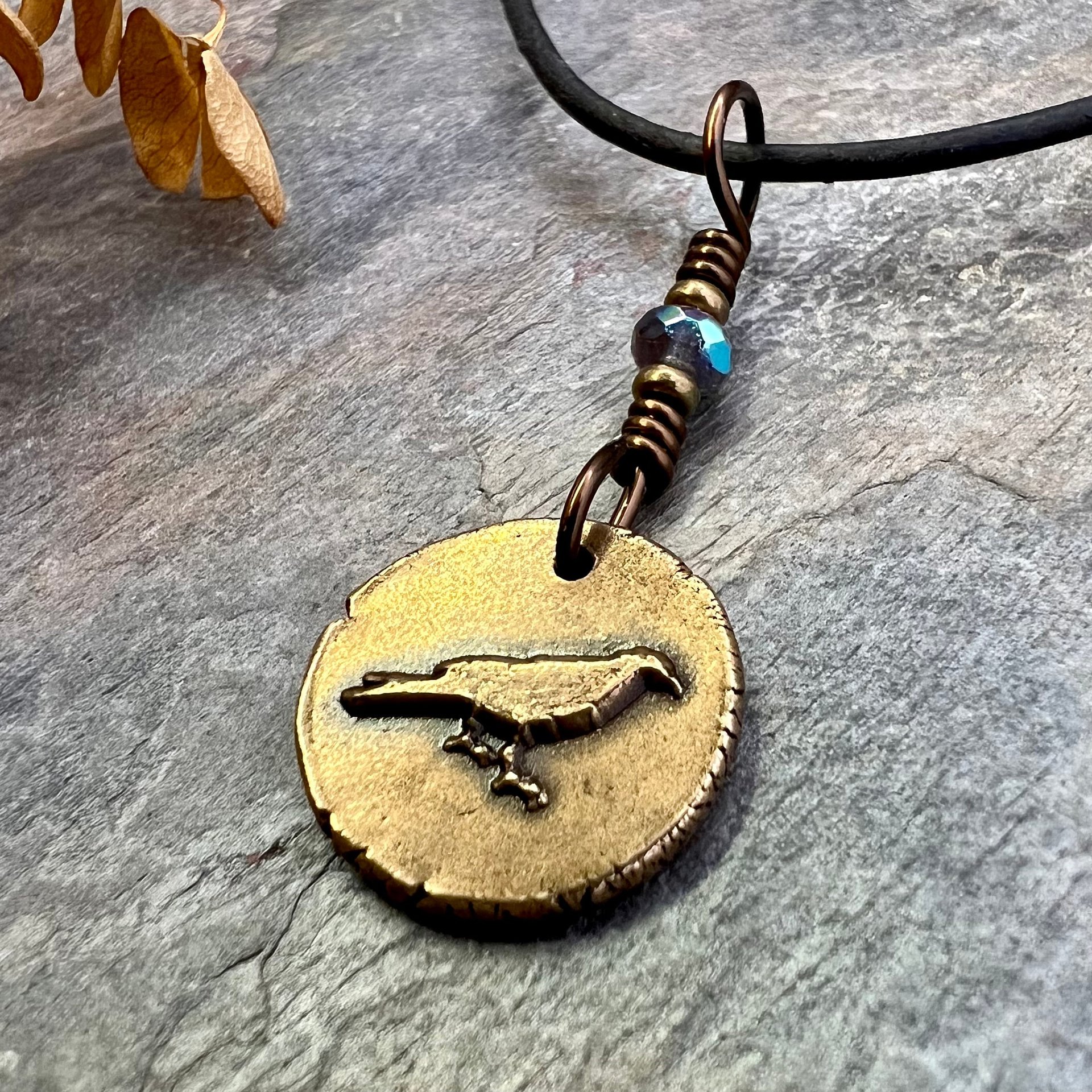 Raven Bronze Pendant, Wax Seal Charm, Czech Glass Bead, Crow Corvid, Tree Branches, Pagan Samhain, Celtic Witch Jewelry, Earthy Rustic