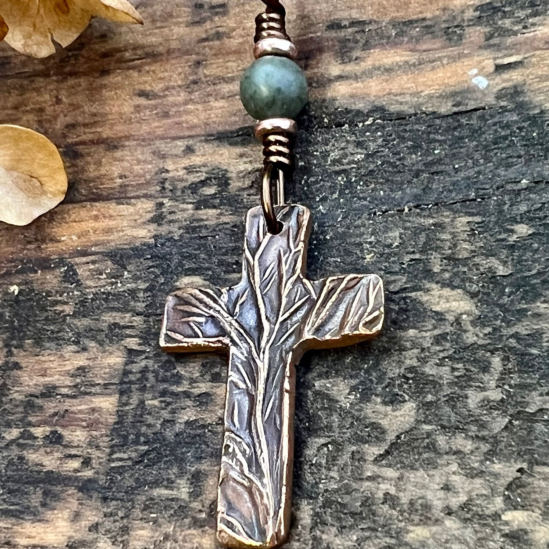 Tree Cross Charm, Copper Pendant, Tree Branches, Connemara Marble, Irish Celtic, Leather & Vegan Cords, Handmade Art Jewelry, Tree of Life