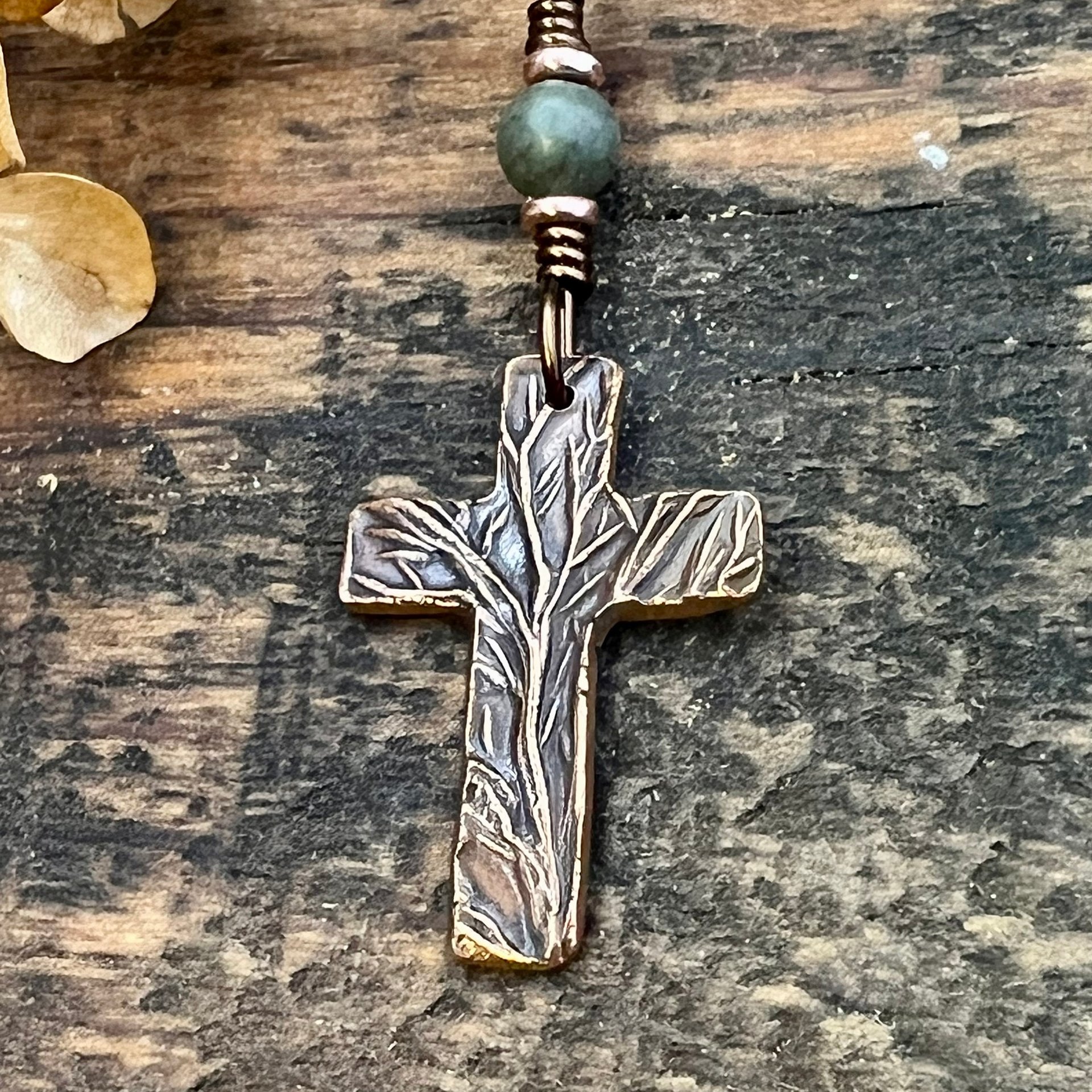 Tree Cross Charm, Copper Pendant, Tree Branches, Connemara Marble, Irish Celtic, Leather & Vegan Cords, Handmade Art Jewelry, Tree of Life