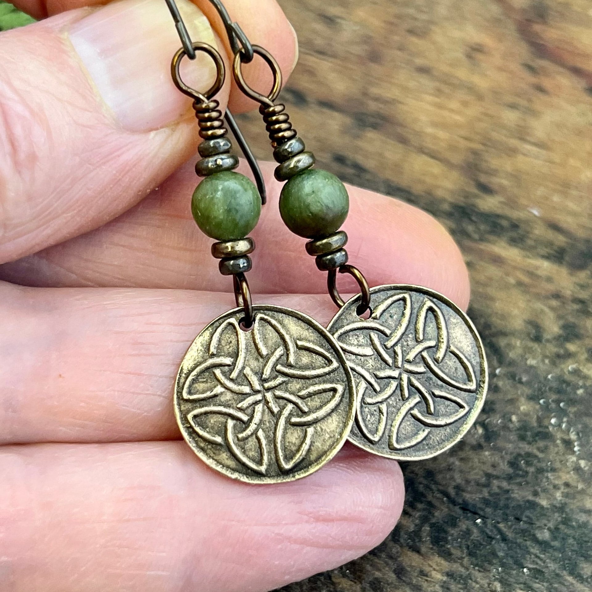 Trinity Knot Bronze Earrings, Triquetra, Irish Celtic Jewelry, Connemara Marble, Celtic Knots, St Patricks Day, Eternity, Triple Goddess