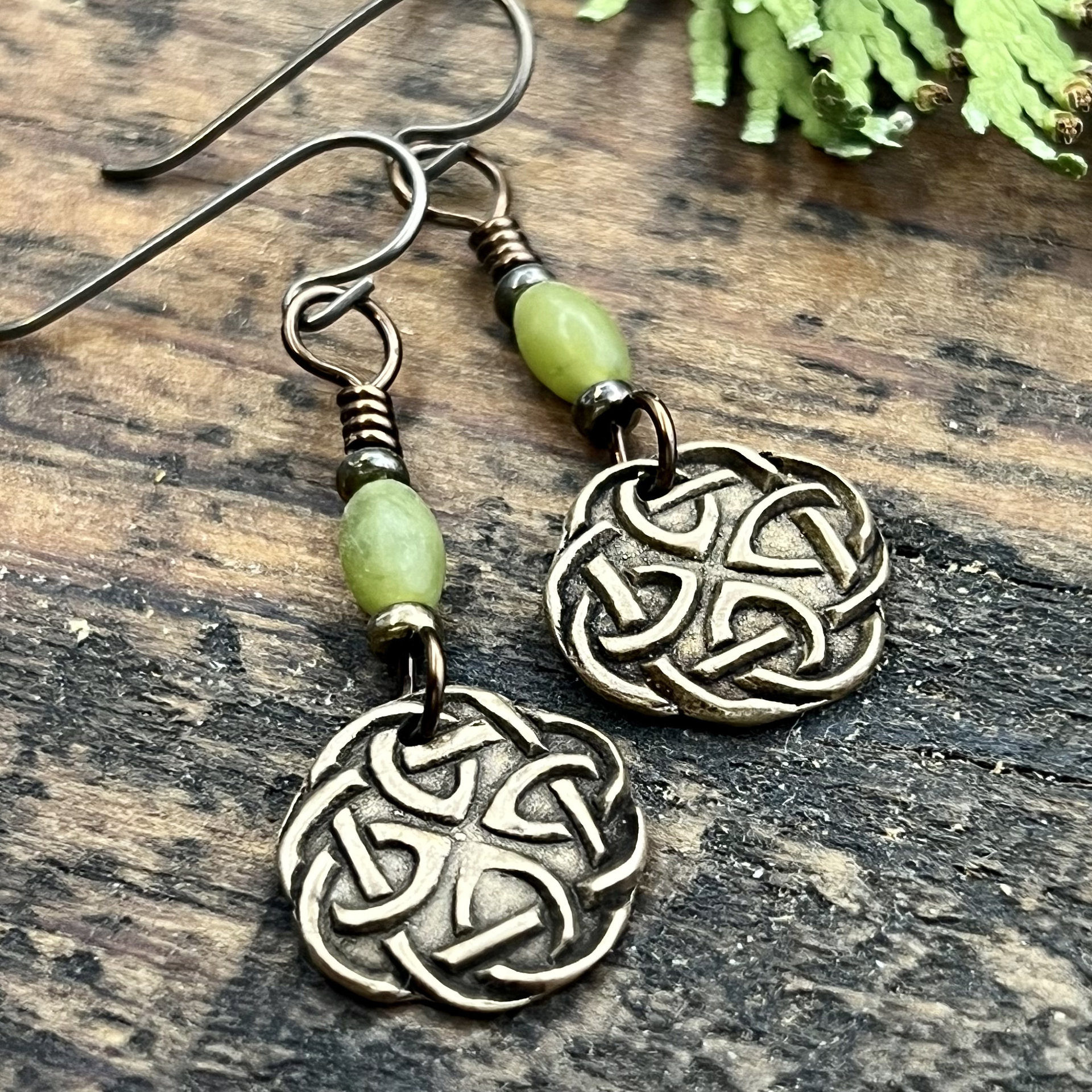 Celtic Knotwork, Bronze Earrings, Irish Celtic Jewelry, Connemara Marble, Hypoallergenic, Niobium Ear Wires, St Patrick's Day, Eternity, Triple Goddess