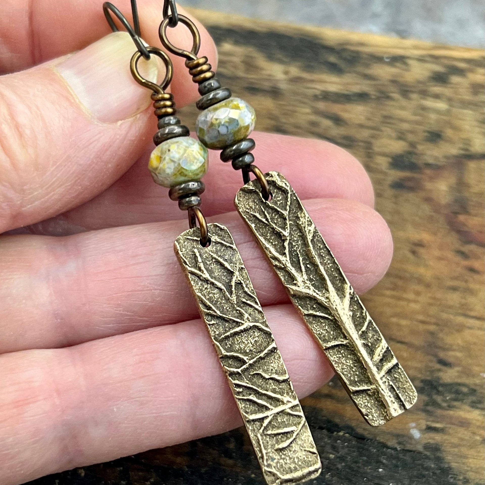 Tree Branch Earrings, Long Bronze Earrings, Czech Glass Beads, Green Witch, Pagan Celtic Druid, Earthy Organic, Handcrafted Art Jewelry