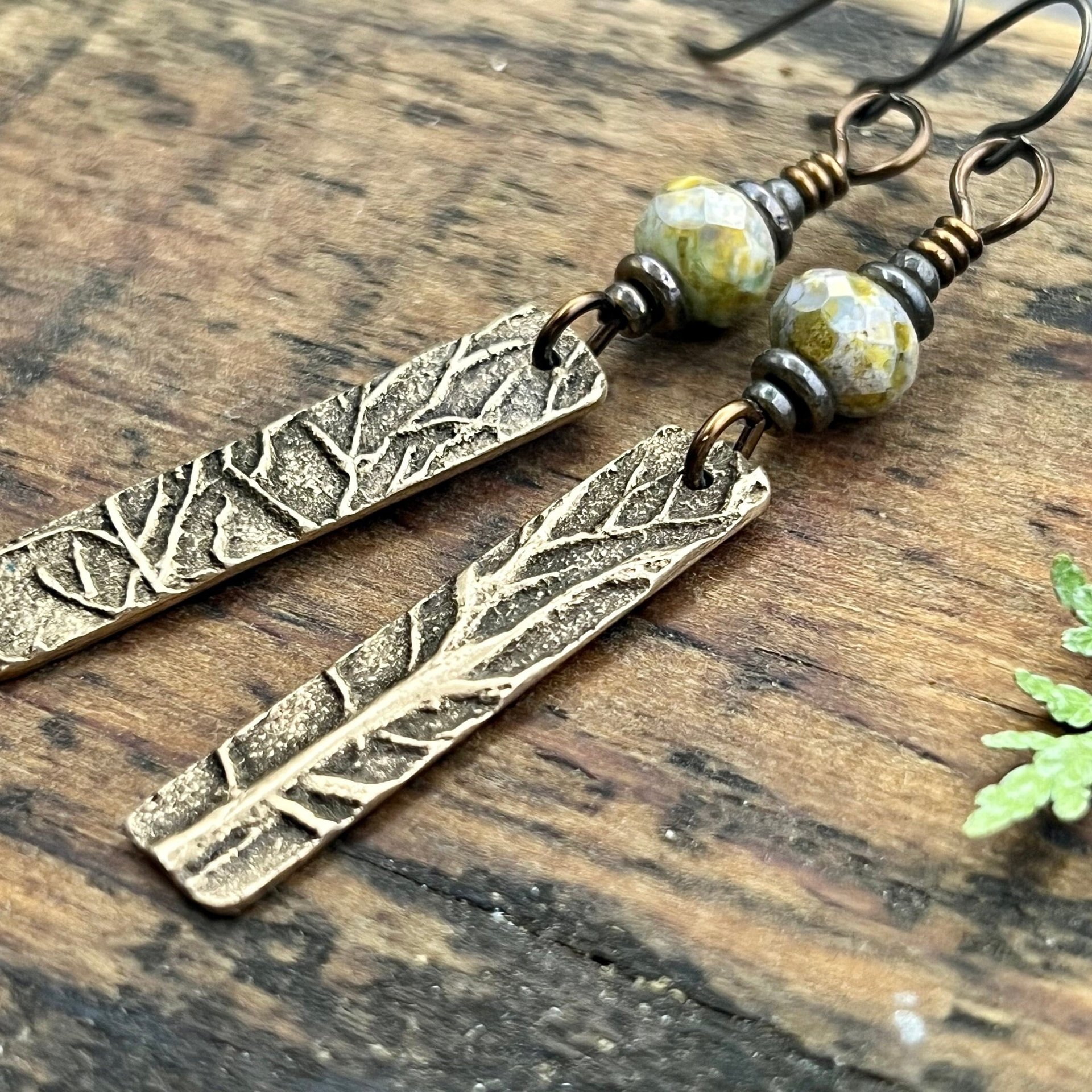 Tree Branch Earrings, Long Bronze Earrings, Czech Glass Beads, Green Witch, Pagan Celtic Druid, Earthy Organic, Handcrafted Art Jewelry