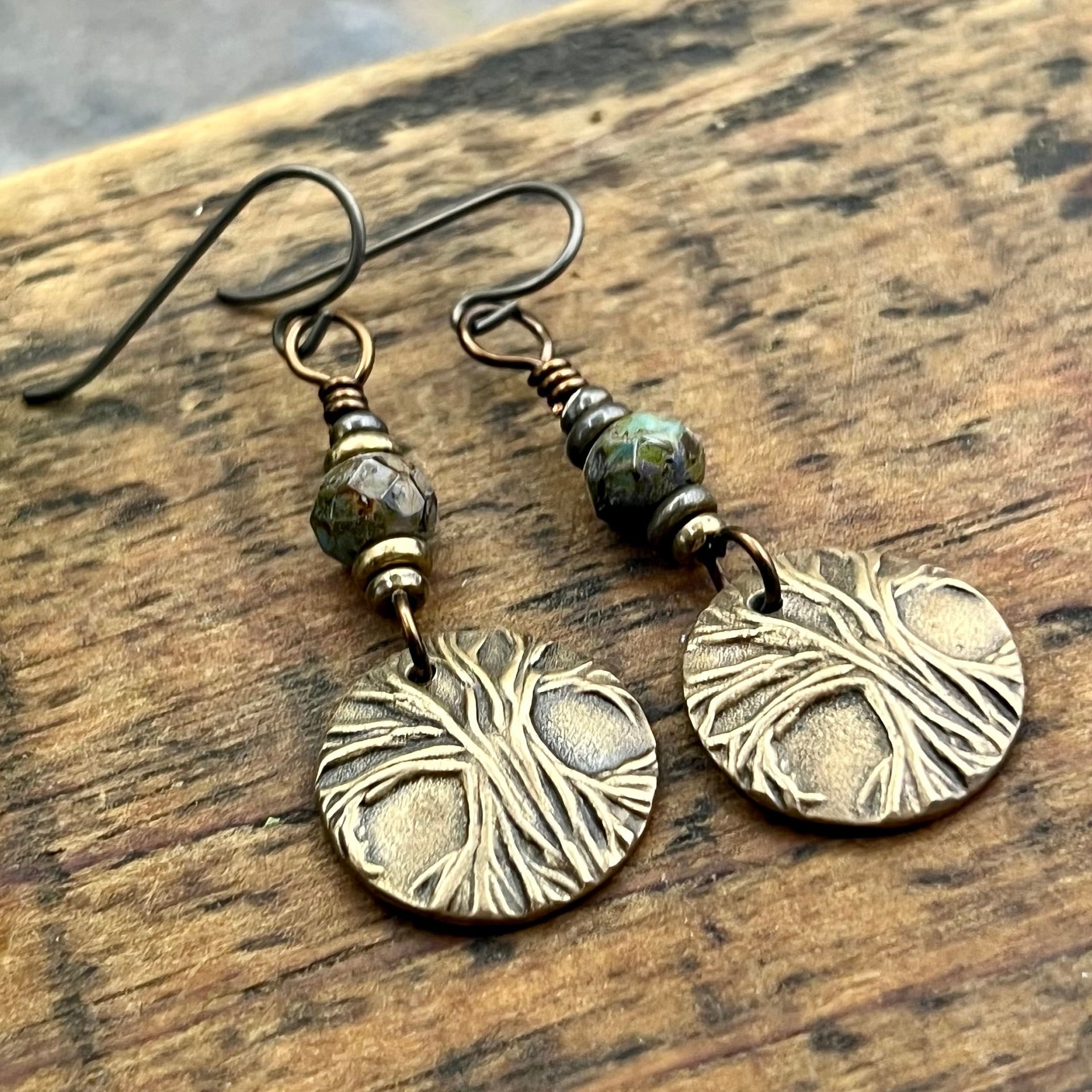 Tree of Life Earrings, Bronze Discs, Czech Glass Beads, Hypoallergenic Ear Wires, Earthy Jewelry, Hand Carved Trees, Boho Chic Style