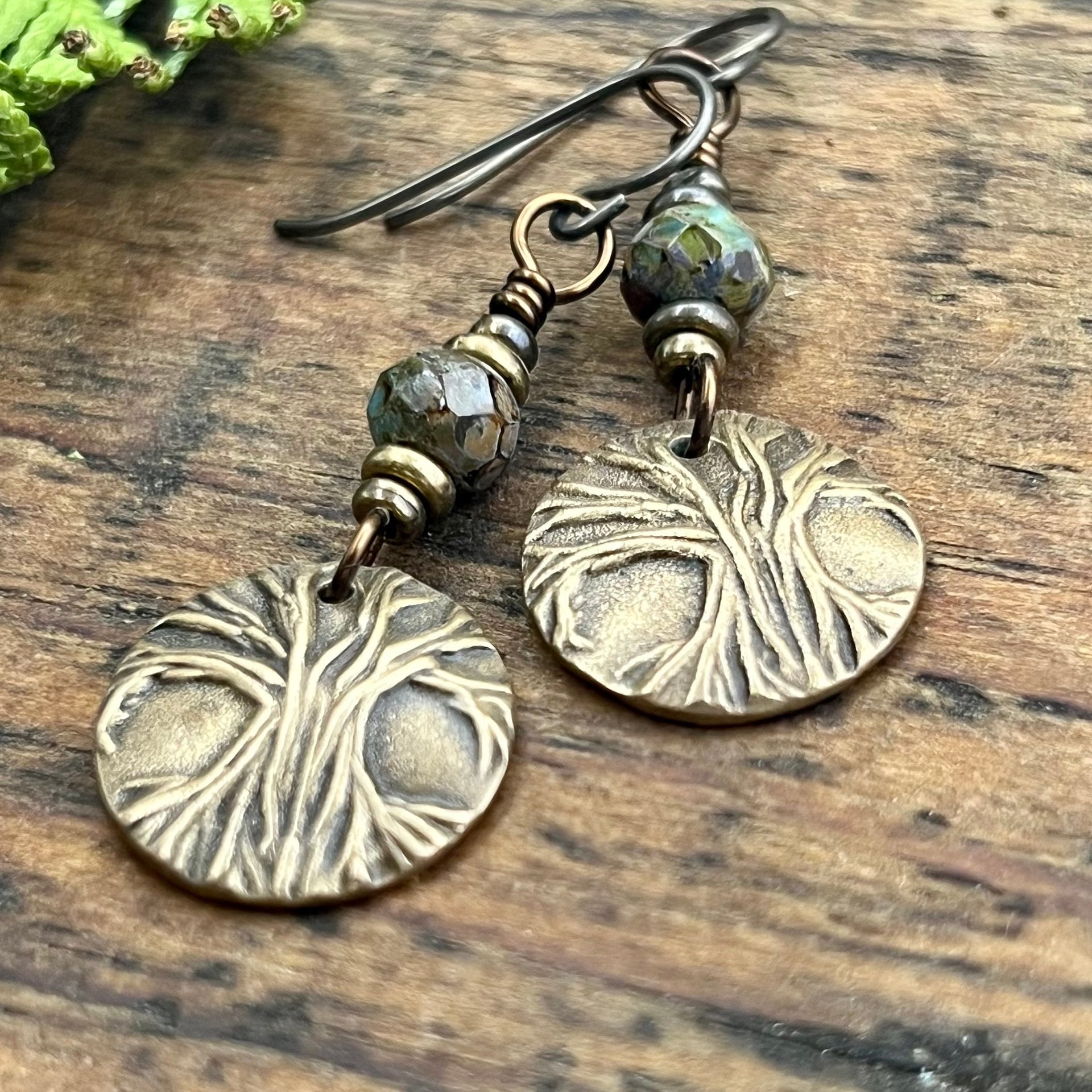 Tree of Life Earrings, Bronze Discs, Czech Glass Beads, Hypoallergenic Ear Wires, Earthy Jewelry, Hand Carved Trees, Boho Chic Style