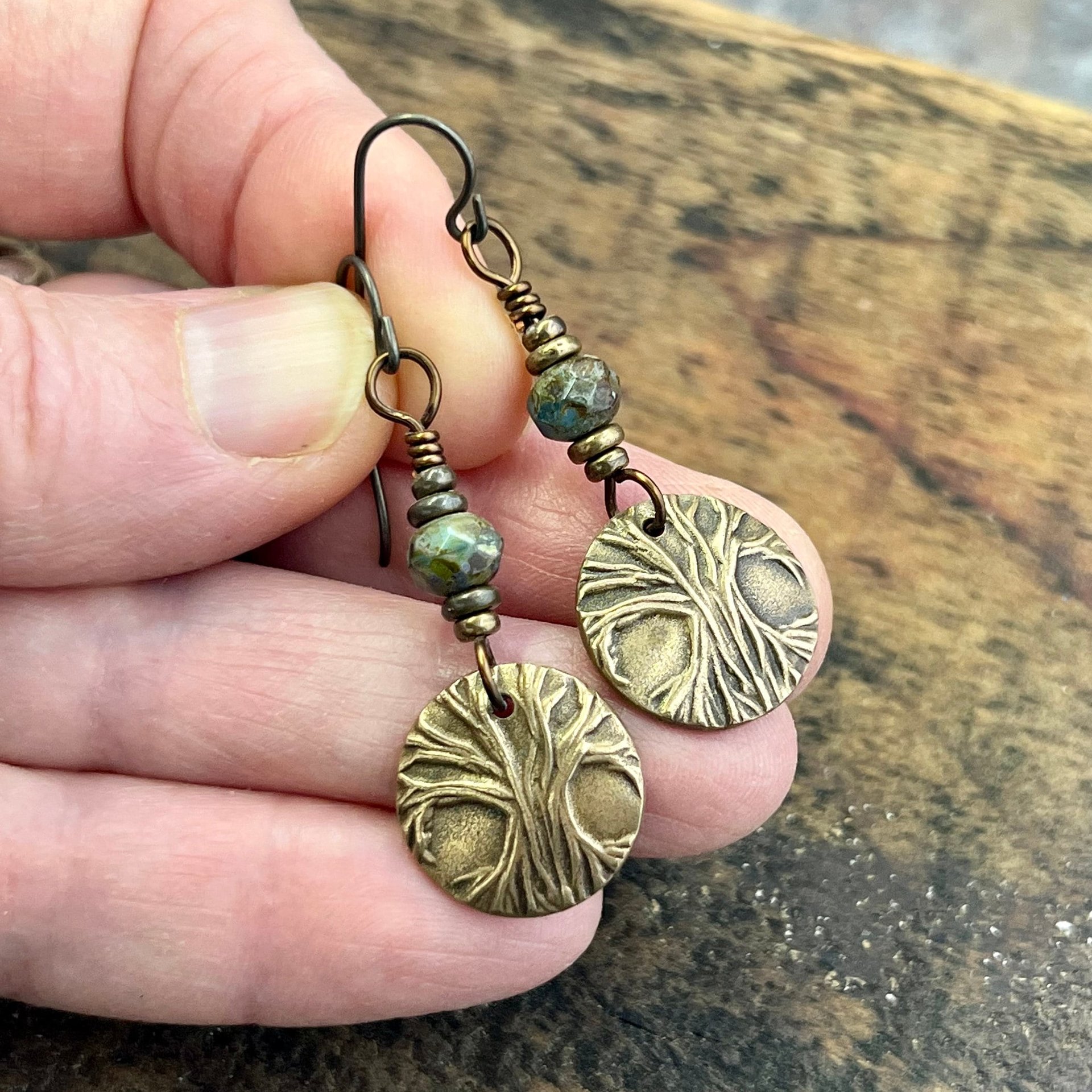 Tree of Life Earrings, Bronze Discs, Czech Glass Beads, Hypoallergenic Ear Wires, Earthy Jewelry, Hand Carved Trees, Boho Chic Style