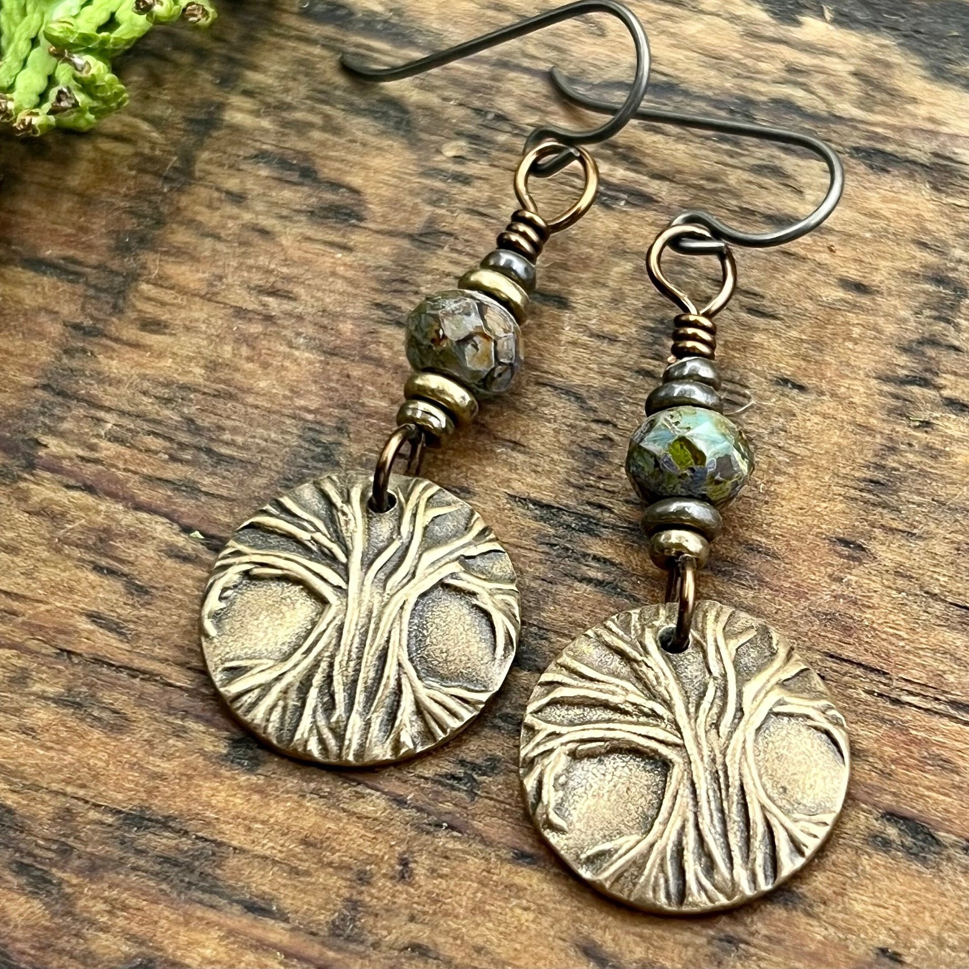 Tree of Life Earrings, Bronze Discs, Czech Glass Beads, Hypoallergenic Ear Wires, Earthy Jewelry, Hand Carved Trees, Boho Chic Style