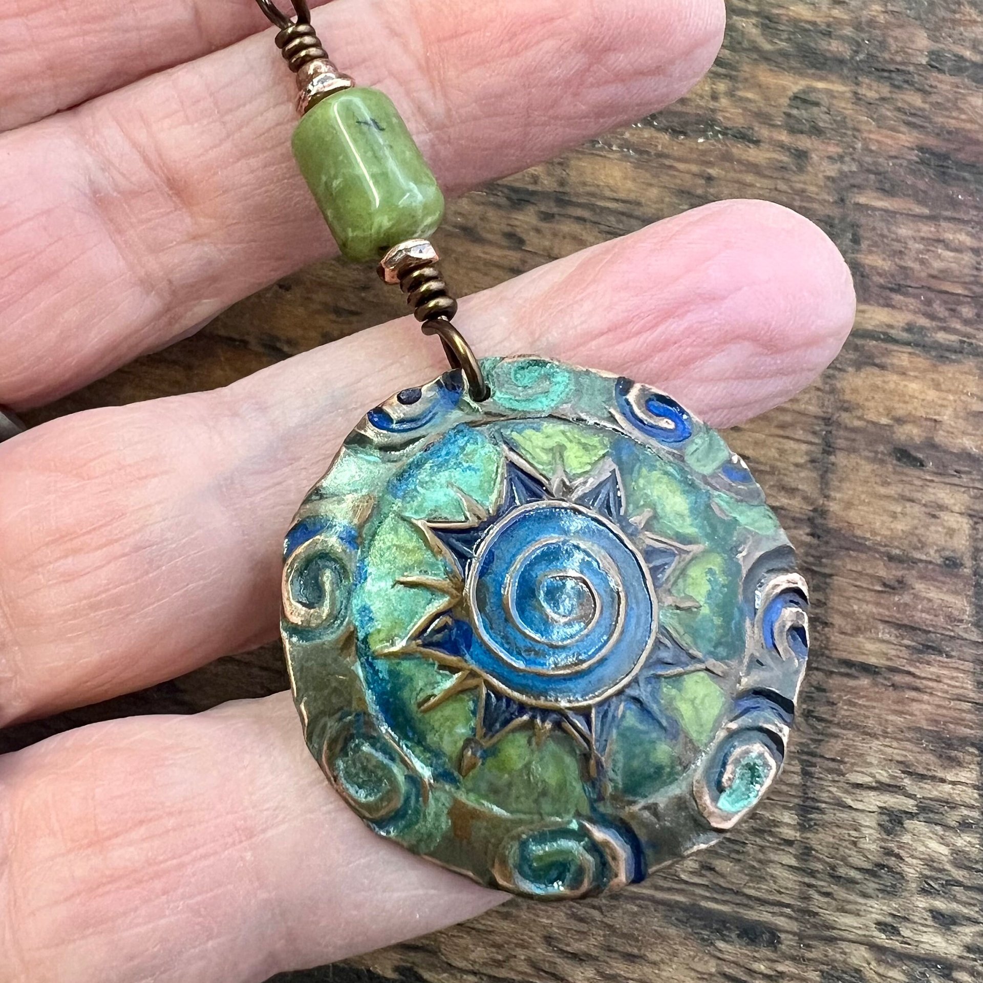 Celtic Sun Spiral Necklace, Copper Patina Pendant, Connemara Marble, Irish Celtic Spirals, Colorful Sun, Blue Green, Pagan Celtic Witch Gift