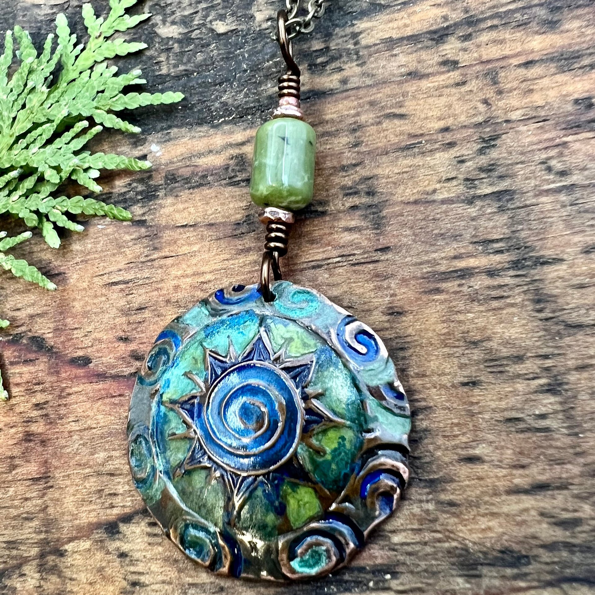 Celtic Sun Spiral Necklace, Copper Patina Pendant, Connemara Marble, Irish Celtic Spirals, Colorful Sun, Blue Green, Pagan Celtic Witch Gift