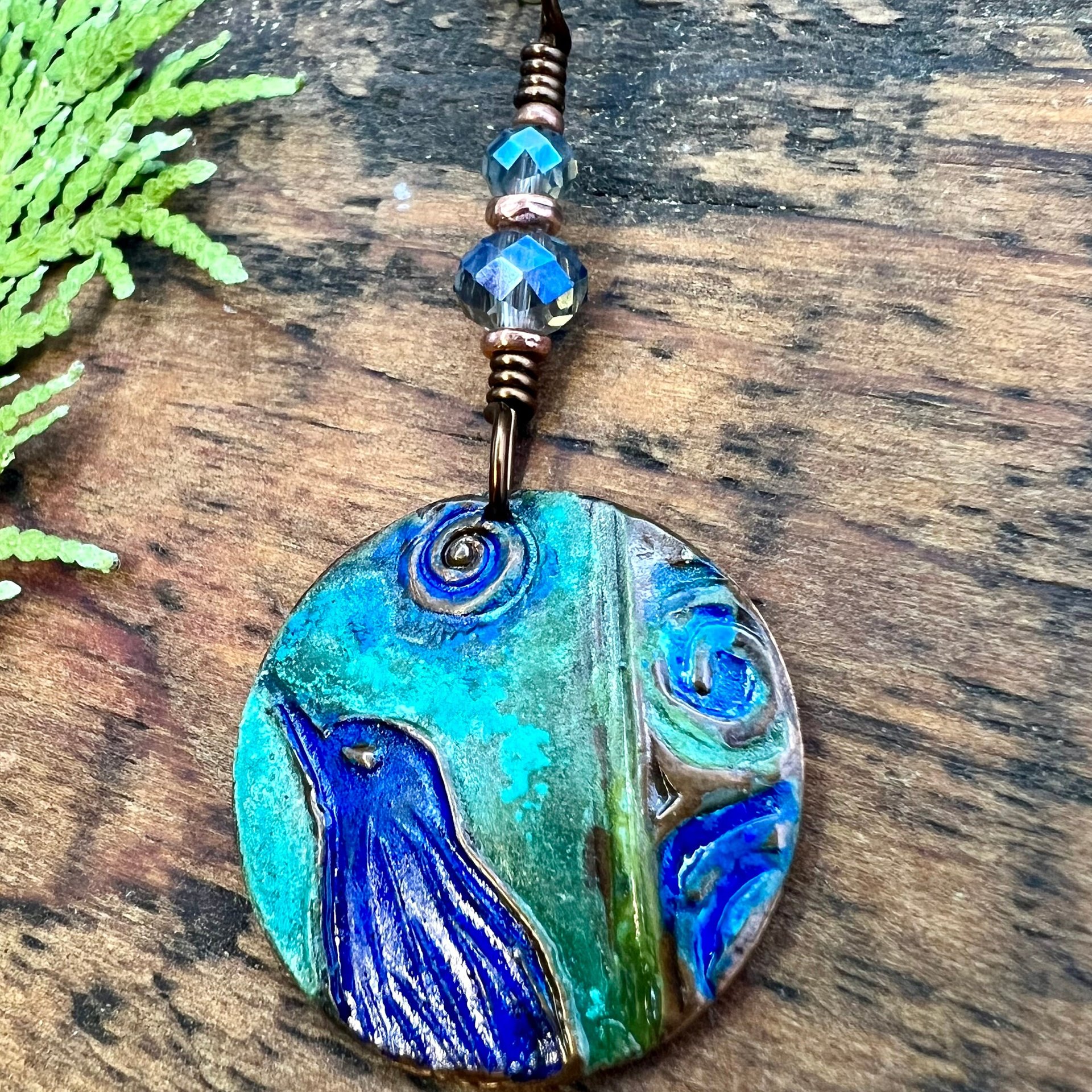 Copper Raven Pendant, Colorful Patina, Czech Glass Beads, Hand Carved, Irish Celtic Spirals, Celtic Witch Goddess, Crow Corvid Birds, Earthy