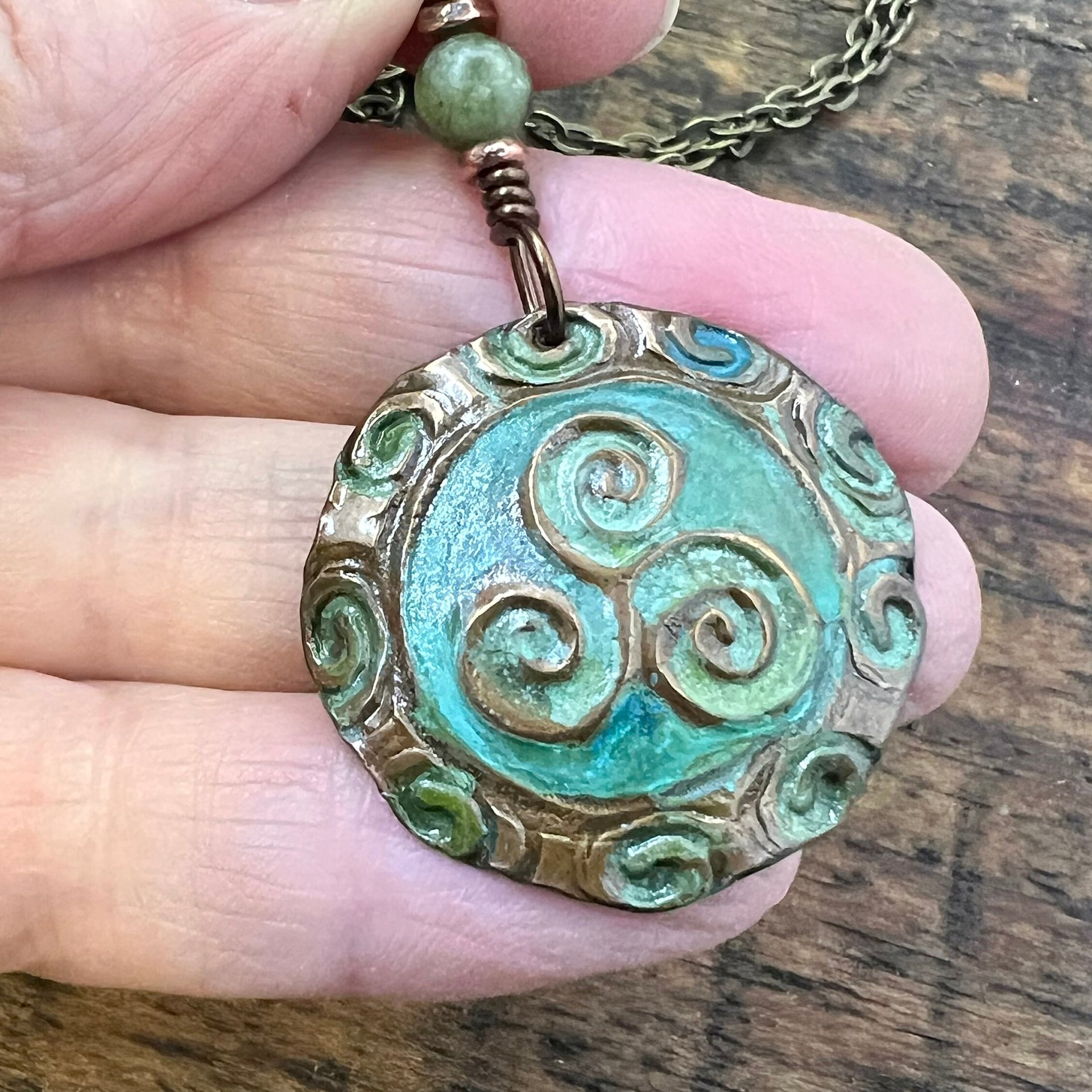 Triskele Copper Pendant, Verdigris Patina, Hand Carved, Connemara Marble, Triskelion Triple Spiral, Irish Celtic Pagan, Newgrange Ireland