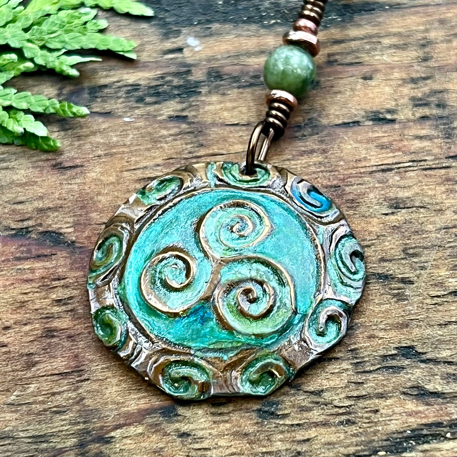 Triskele Copper Pendant, Verdigris Patina, Hand Carved, Connemara Marble, Triskelion Triple Spiral, Irish Celtic Pagan, Newgrange Ireland