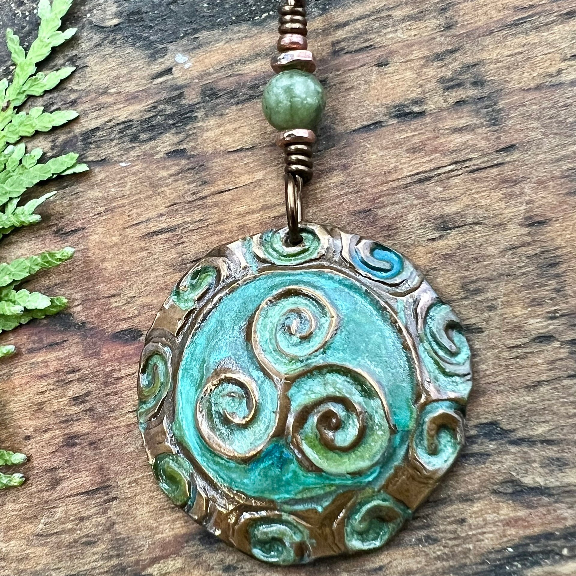 Triskele Copper Pendant, Verdigris Patina, Hand Carved, Connemara Marble, Triskelion Triple Spiral, Irish Celtic Pagan, Newgrange Ireland