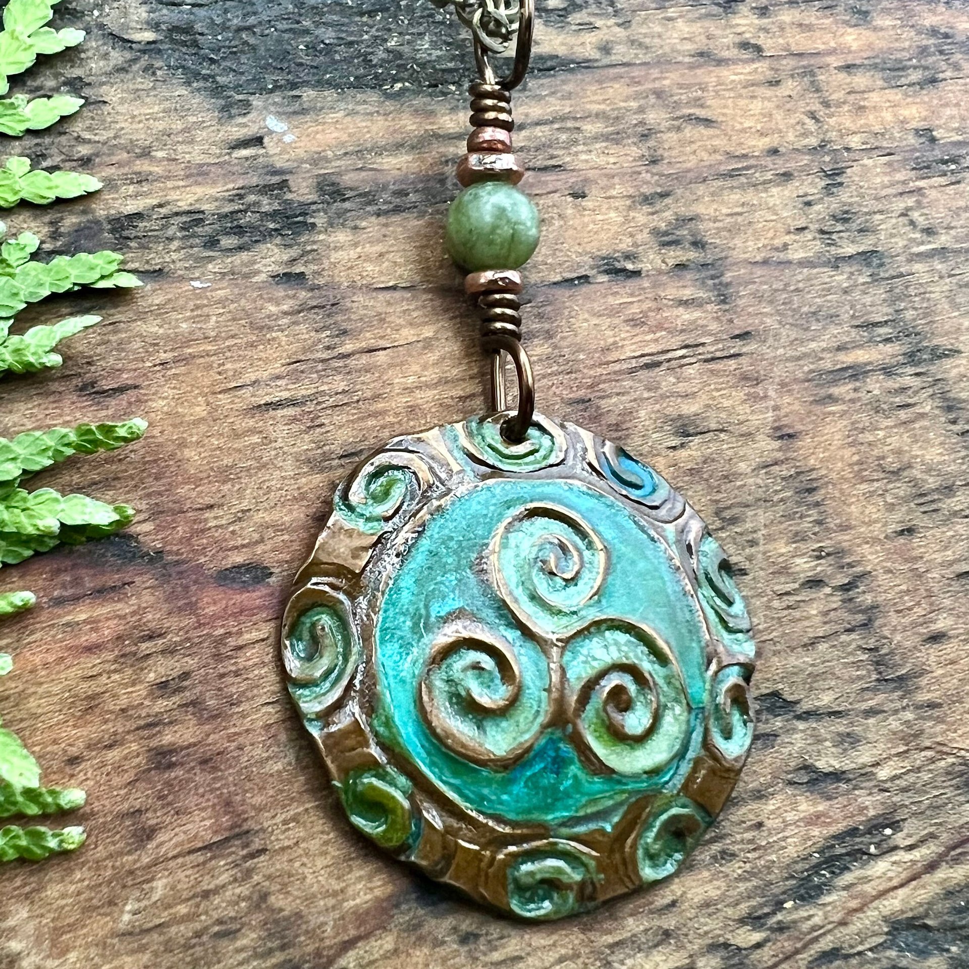 Triskele Copper Pendant, Verdigris Patina, Hand Carved, Connemara Marble, Triskelion Triple Spiral, Irish Celtic Pagan, Newgrange Ireland