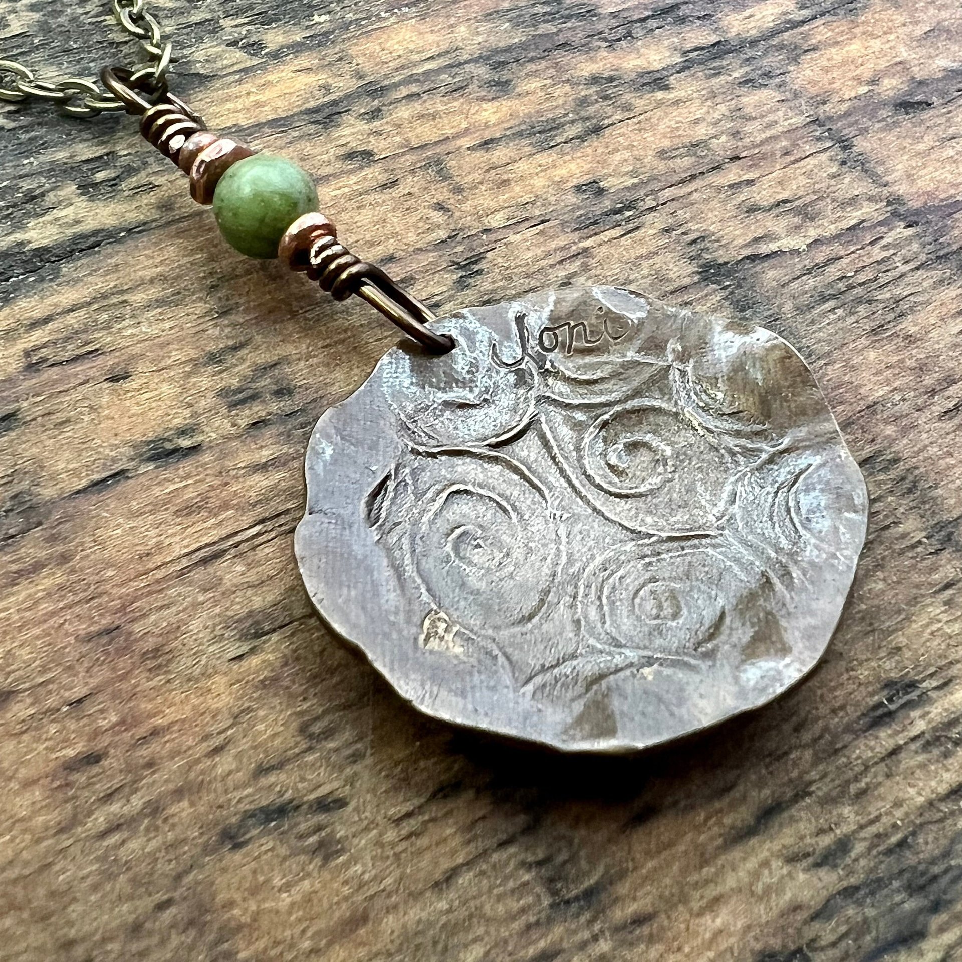 Triskele Copper Pendant, Verdigris Patina, Hand Carved, Connemara Marble, Triskelion Triple Spiral, Irish Celtic Pagan, Newgrange Ireland