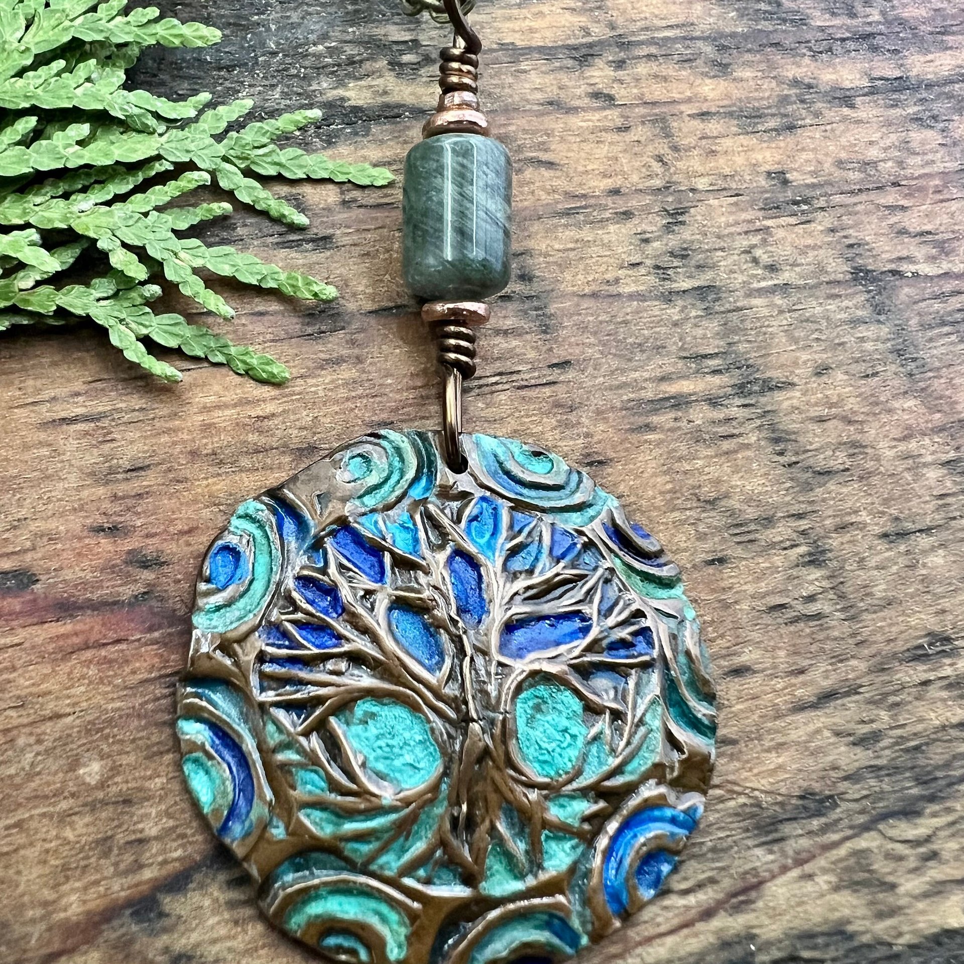 Tree of Life Pendant, Copper Colorful Patina, Connemara Marble, Hand Carved, Irish Celtic Spirals, Celtic Witch Goddess, Ancient Earthy Art