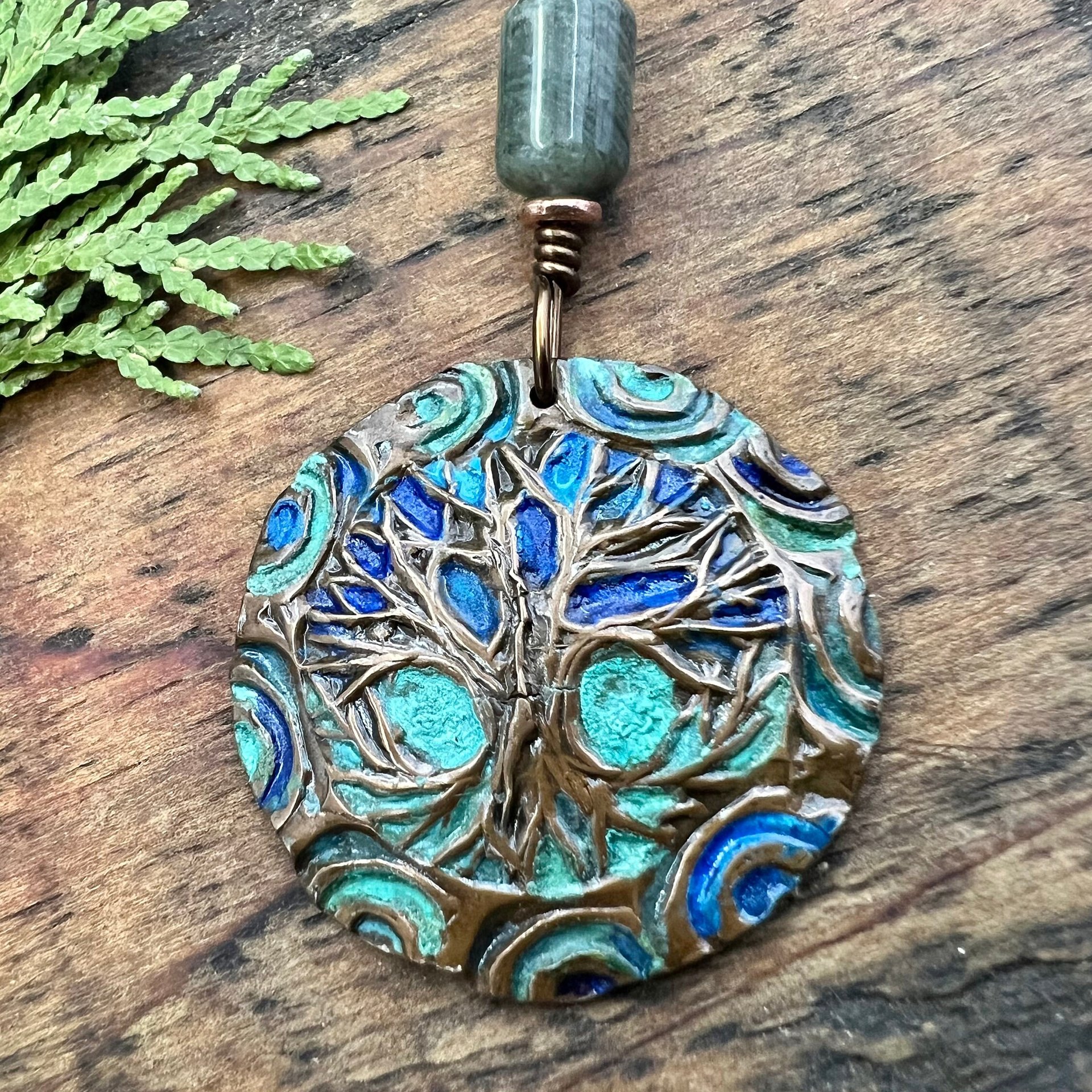 Tree of Life Pendant, Copper Colorful Patina, Connemara Marble, Hand Carved, Irish Celtic Spirals, Celtic Witch Goddess, Ancient Earthy Art