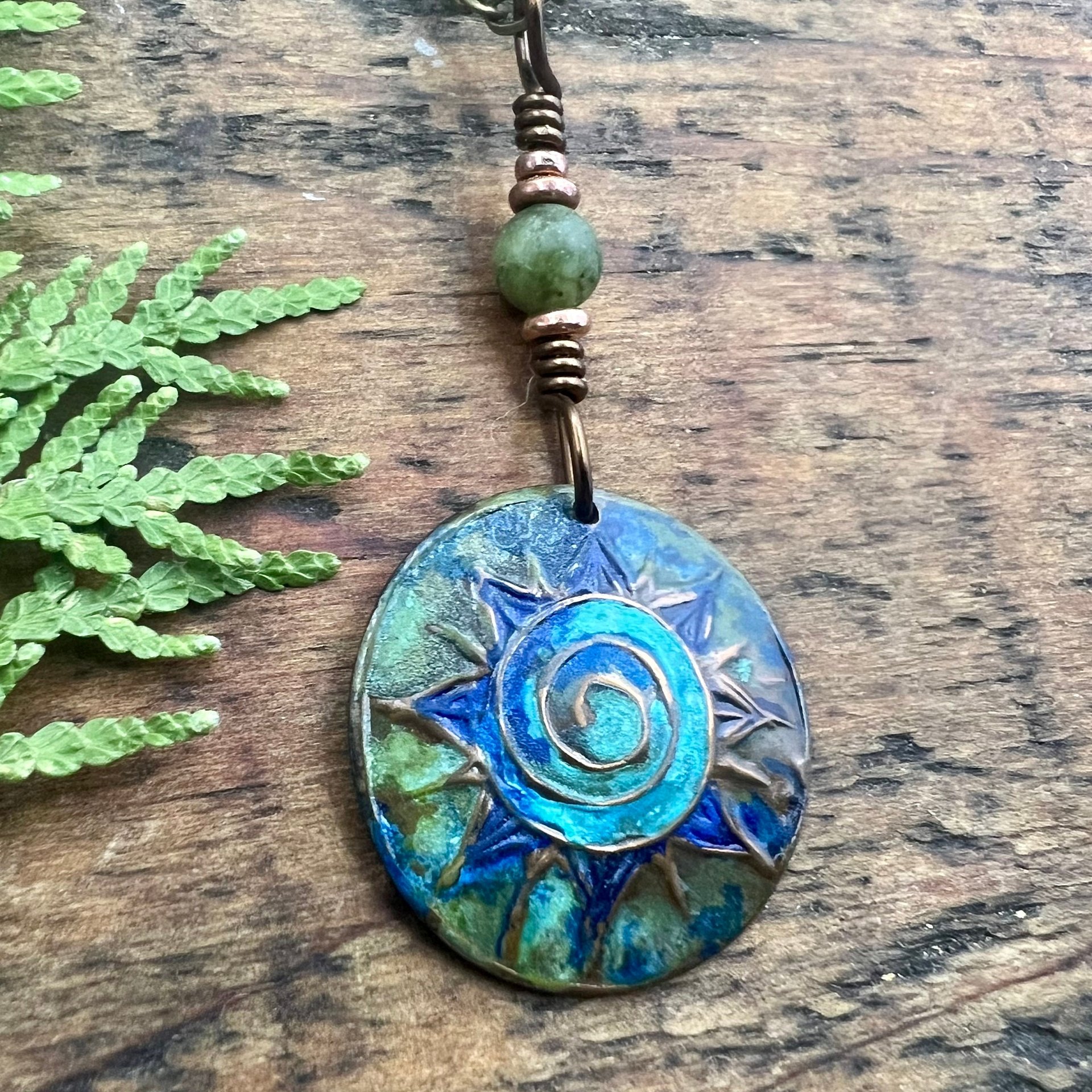Celtic Sun Spiral Necklace, Copper Patina Pendant, Connemara Marble, Irish Celtic Spirals, Colorful Sun, Blue Green, Pagan Celtic Witch Gift